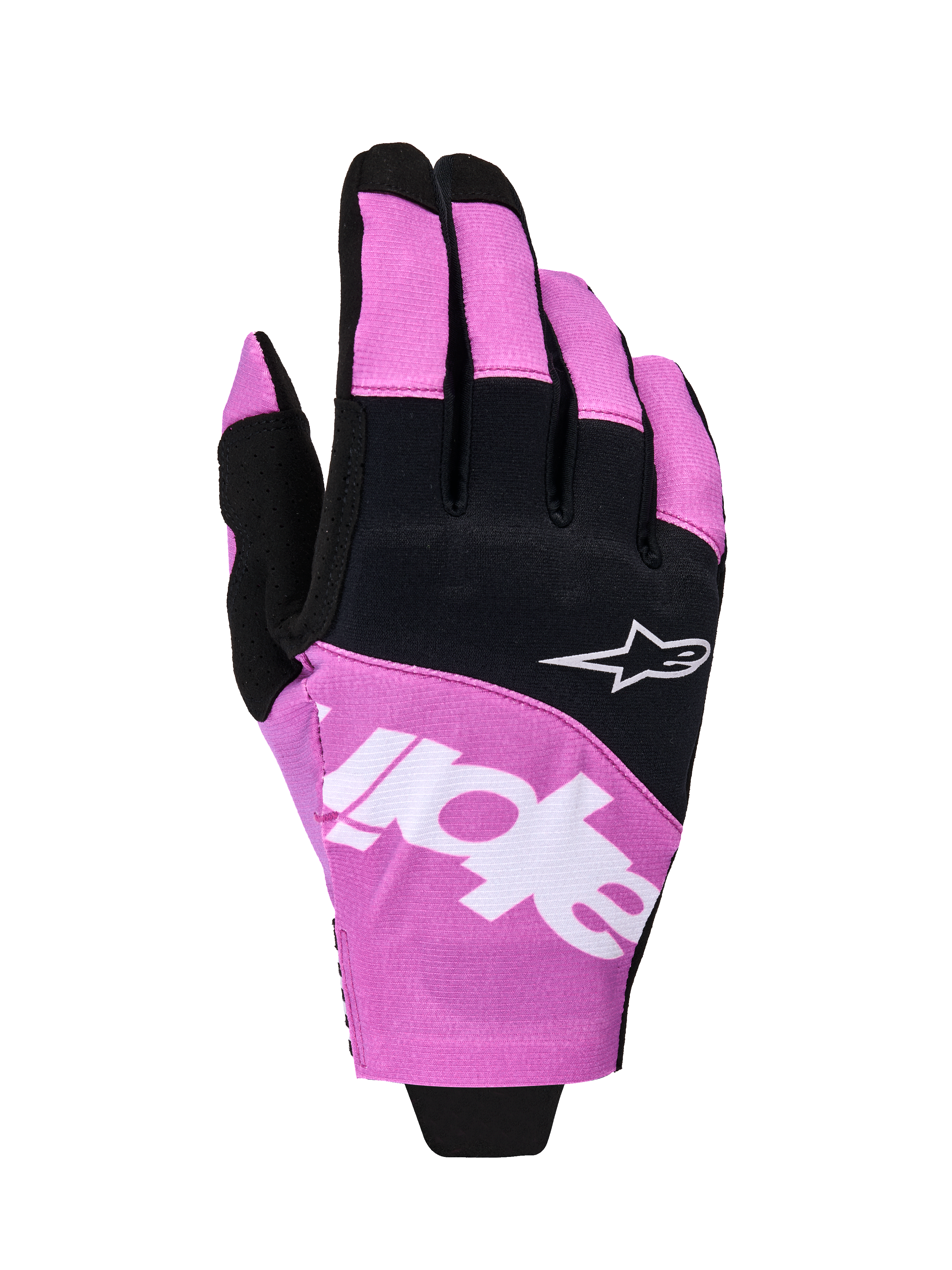 Alpinestars 2026 Techstar handsker, motocross-handsker, sort og lilla, set fra overhånden med hvidt Astar-logo og branding, strækbar mikro-ripstop-konstruktion, højtydende håndbeskyttelse til off-road