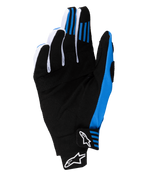 Alpinestars 2025 Techstar Gloves, Motocross Gloves, Black and Blue, palm view showing reinforced synthetic suede construction, blue silicone finger grips, and seamless wrist closure with white Astars logos.