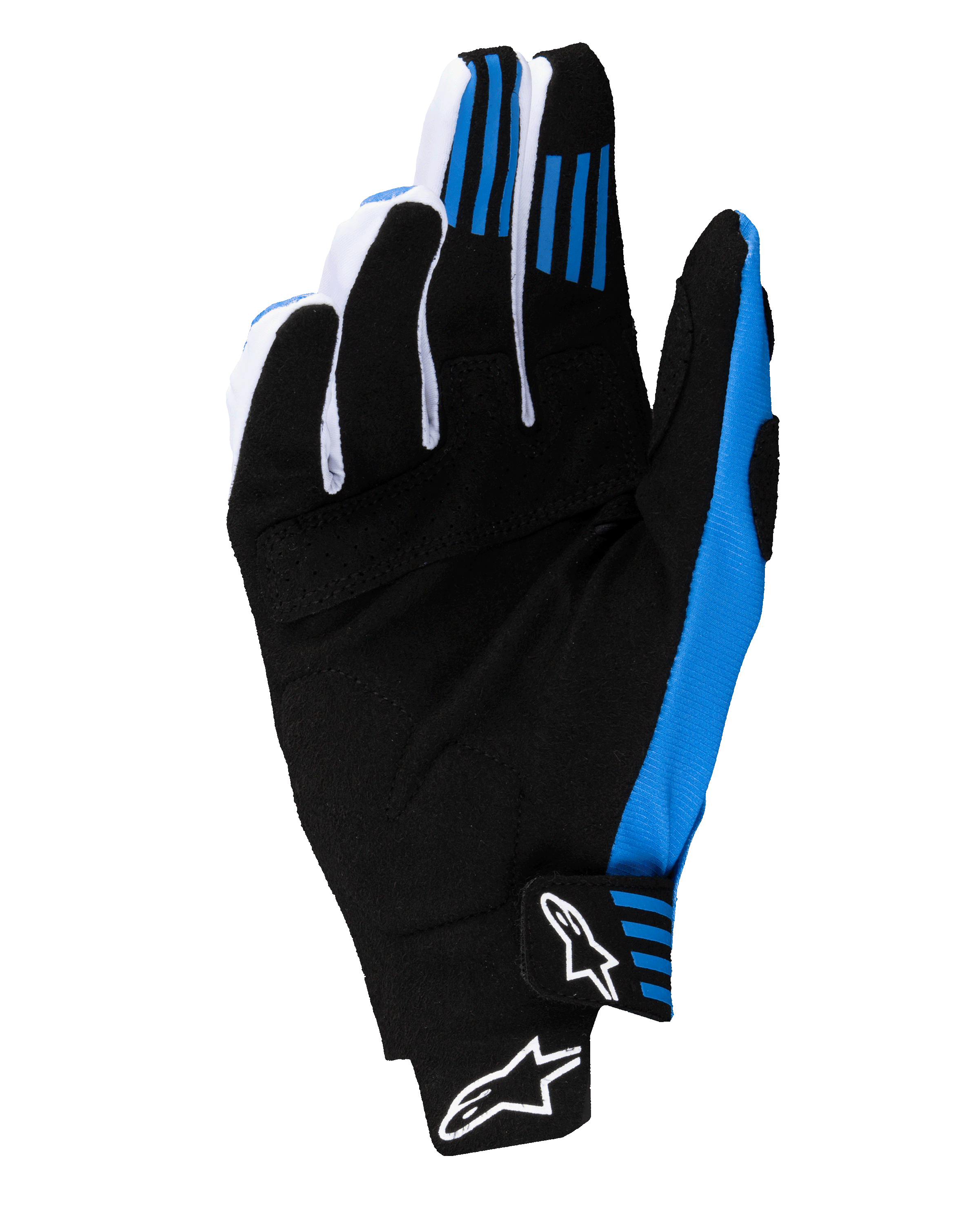 Alpinestars 2025 Techstar Gloves, Motocross Gloves, Black and Blue, palm view showing reinforced synthetic suede construction, blue silicone finger grips, and seamless wrist closure with white Astars logos.
