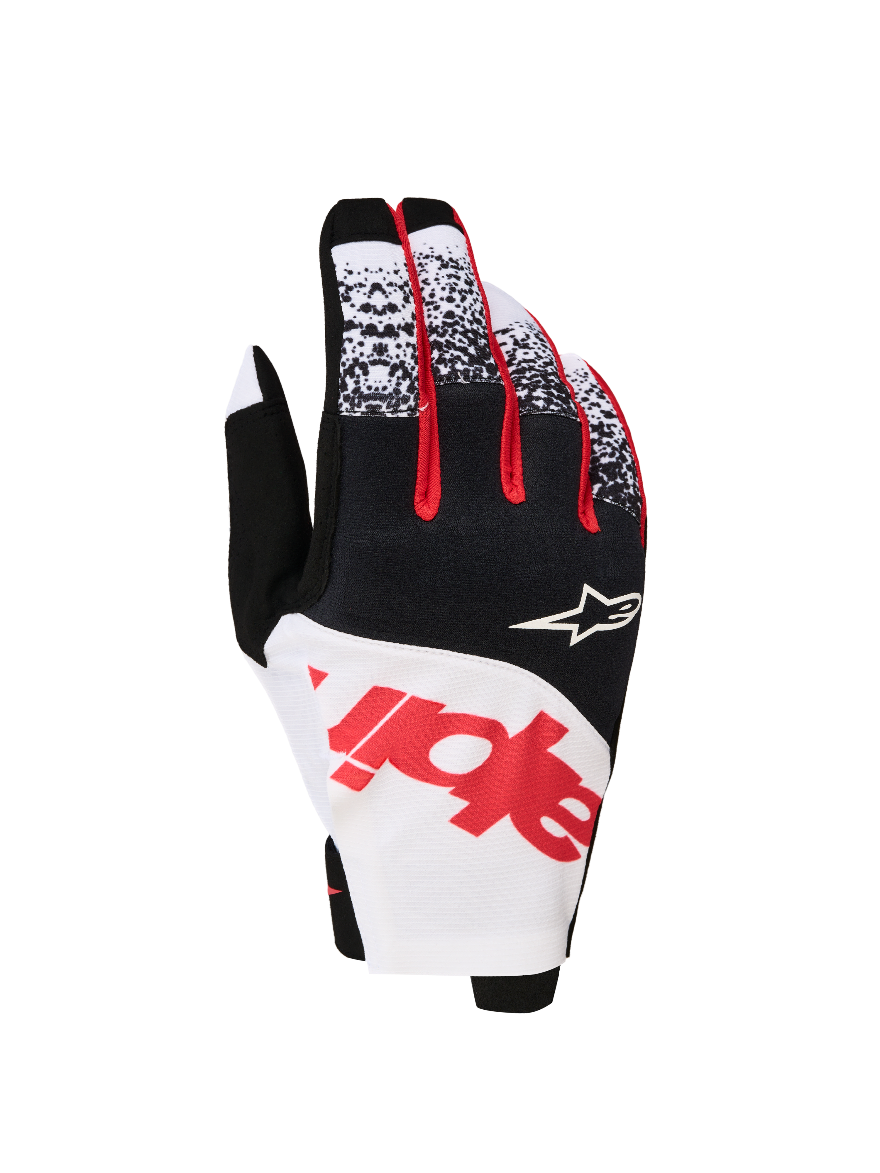 Alpinestars Techstar Gloves 2027, Men's motocross gloves in black, white, and red fluo featuring a stretch micro ripstop.