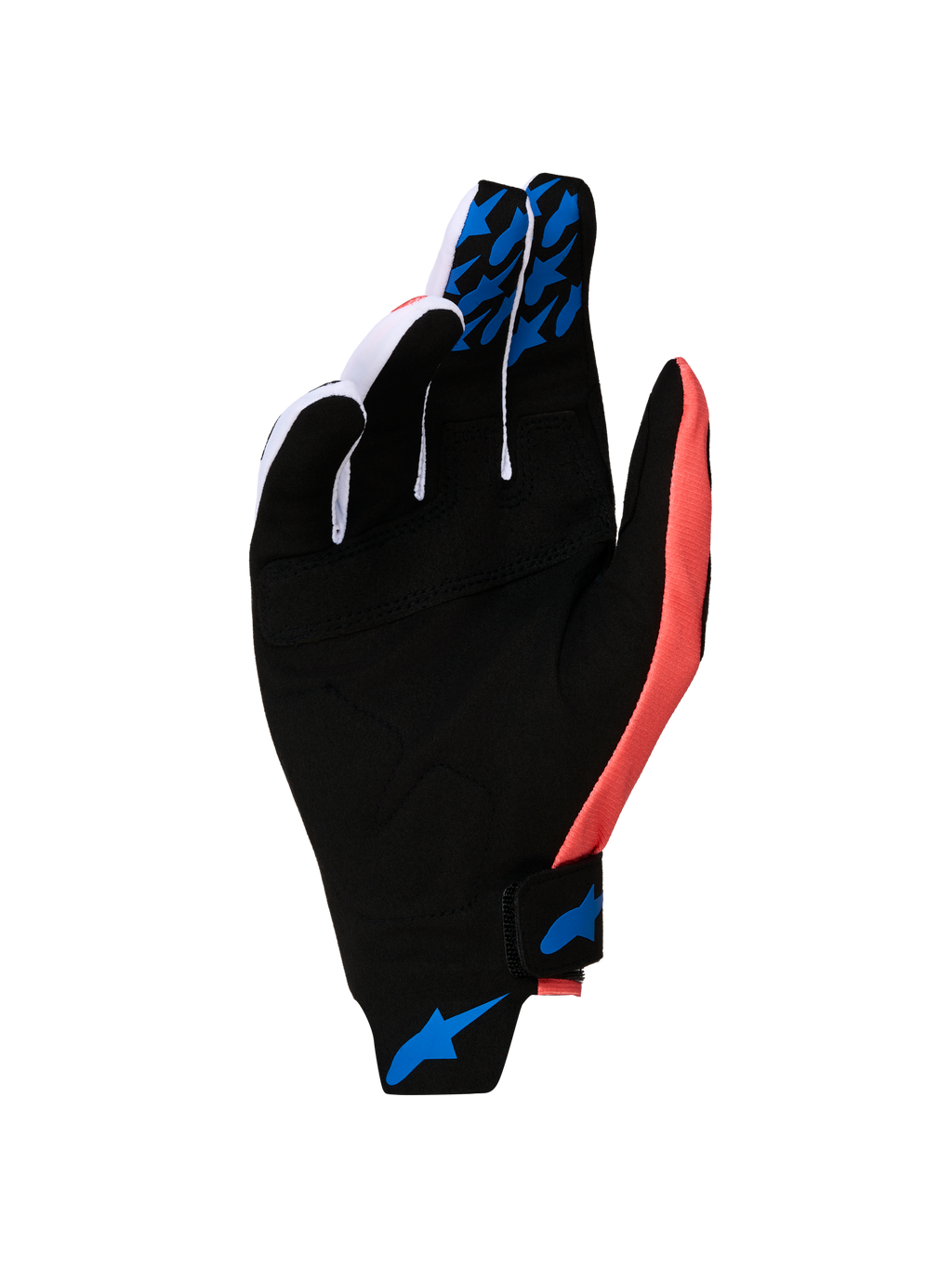 Alpinestars Techstar 2027 motocrosshandsker, sort og pink, med blå silikonegreb og syntetisk ruskindshåndflade