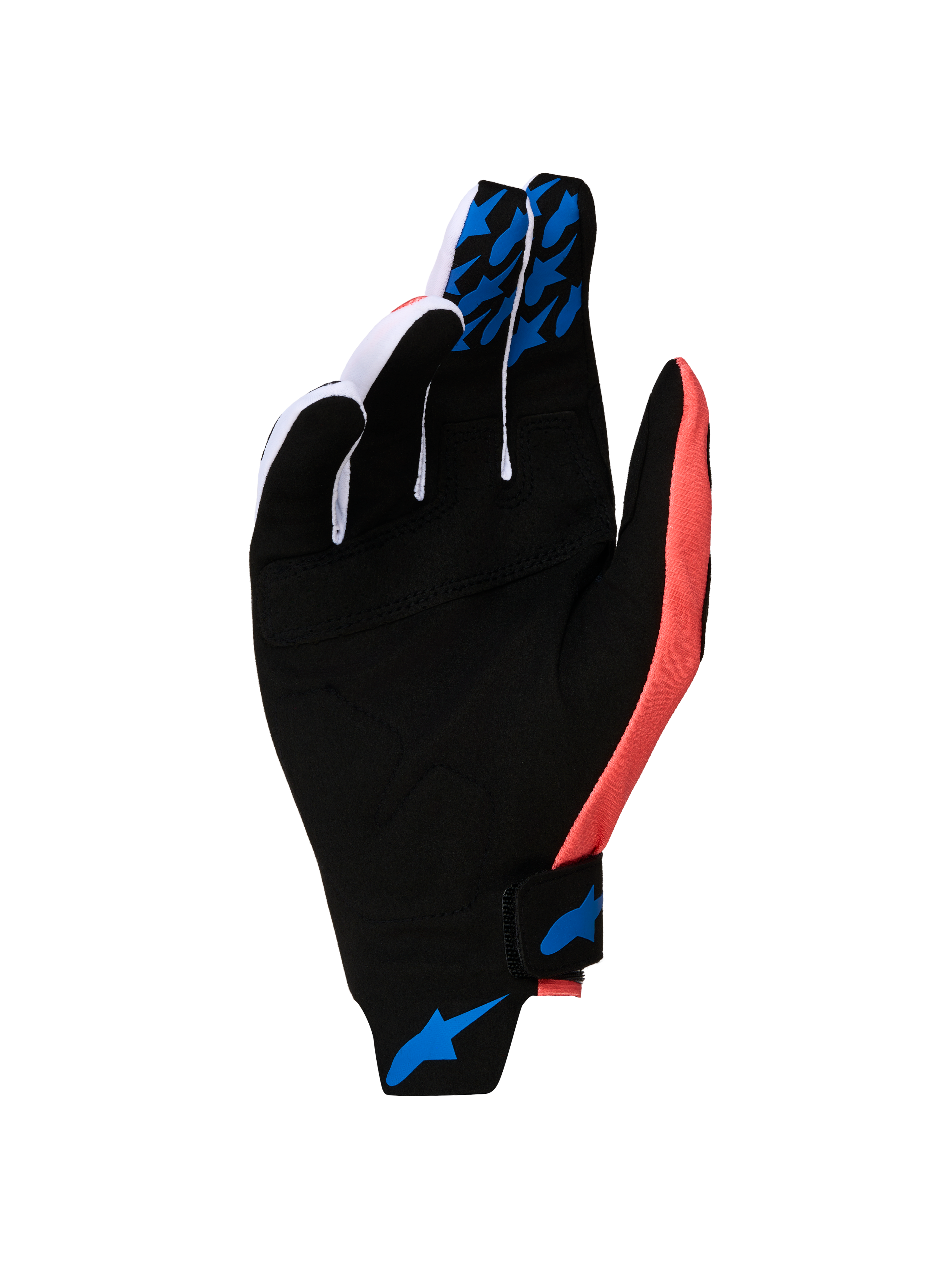 Alpinestars Techstar 2027 motocrosshandsker, sort og pink, med blå silikonegreb og syntetisk ruskindshåndflade