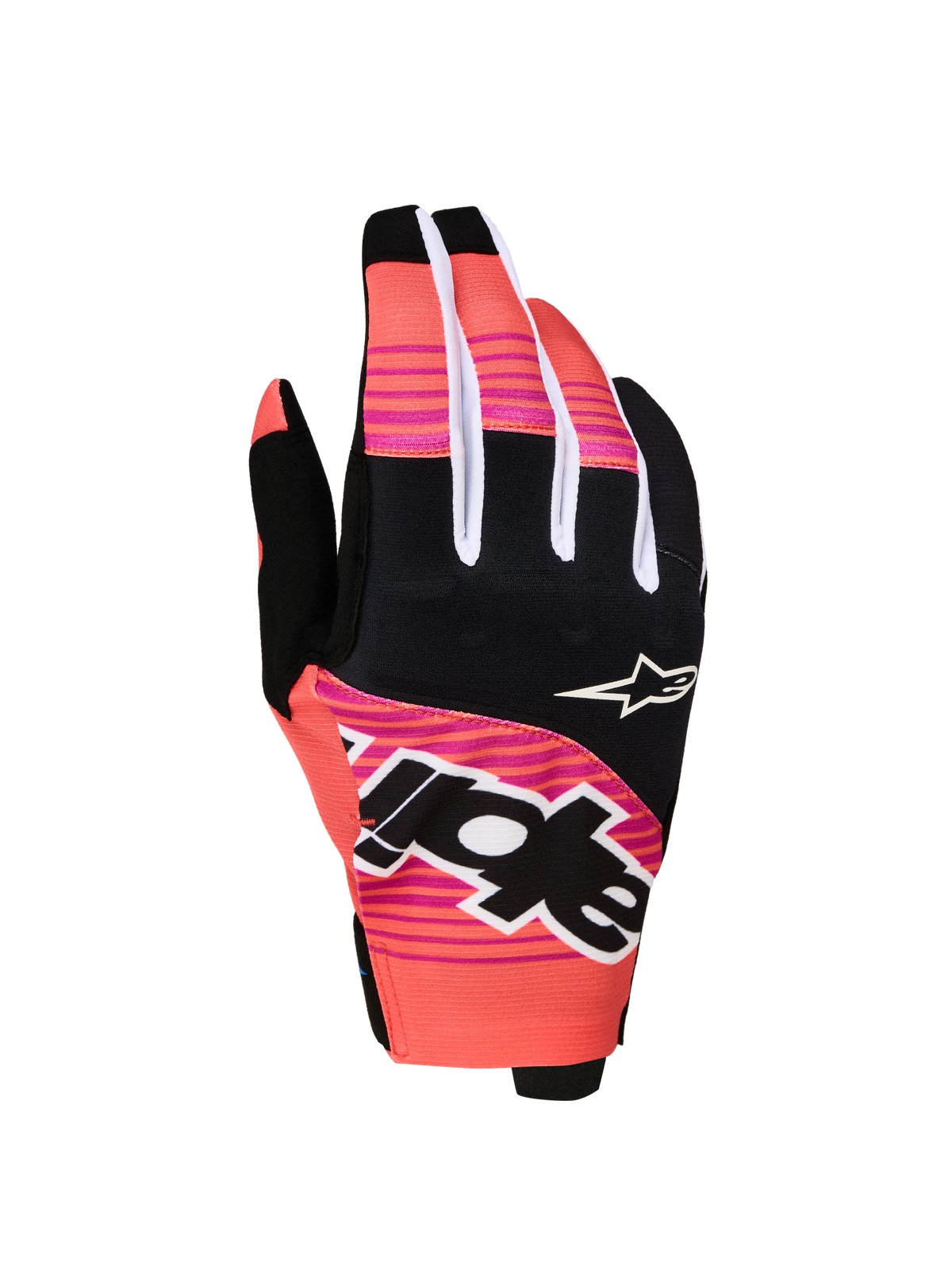 Alpinestars 2027 Techstar handsker, pink og sorte motocrosshandsker med sublimeret grafik og neoprenknoer.