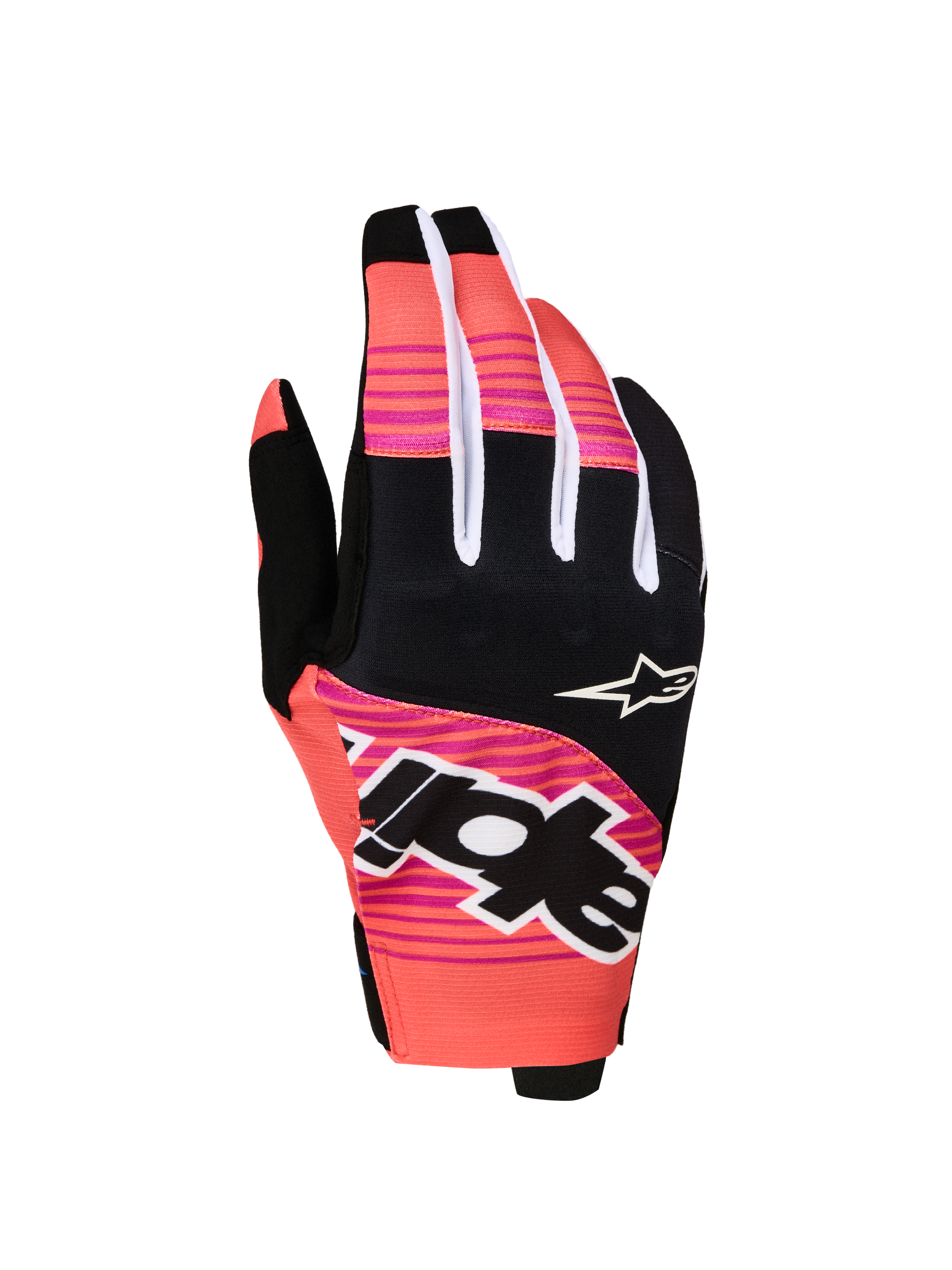Alpinestars 2027 Techstar handsker, pink og sorte motocrosshandsker med sublimeret grafik og neoprenknoer.