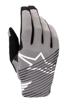 Alpinestars 2025 Radar Pro Gloves, Motocross Gloves, Gray with Black and White accents, featuring breathable 4-way stretch mesh backhand, white star logo, black diagonal striped design, minimalist performance racing style