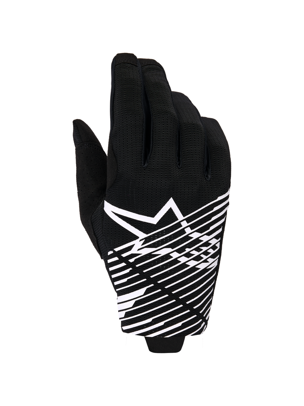 Alpinestars 2026 Radar Pro handsker, motocross-handsker, sort og hvid, med hvidt stjernelogo og diagonal linjegrafik på baghånden, åndbart mesh-materiale med perforerede detaljer, performance off-road-styling