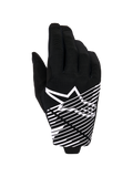 Alpinestars 2026 Radar Pro handsker, motocross-handsker, sort og hvid, med hvidt stjernelogo og diagonal linjegrafik på baghånden, åndbart mesh-materiale med perforerede detaljer, performance off-road-styling