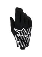 Alpinestars 2026 Radar Pro handsker, motocross-handsker, sort og hvid, med hvidt stjernelogo og diagonal linjegrafik på baghånden, åndbart mesh-materiale med perforerede detaljer, performance off-road-styling