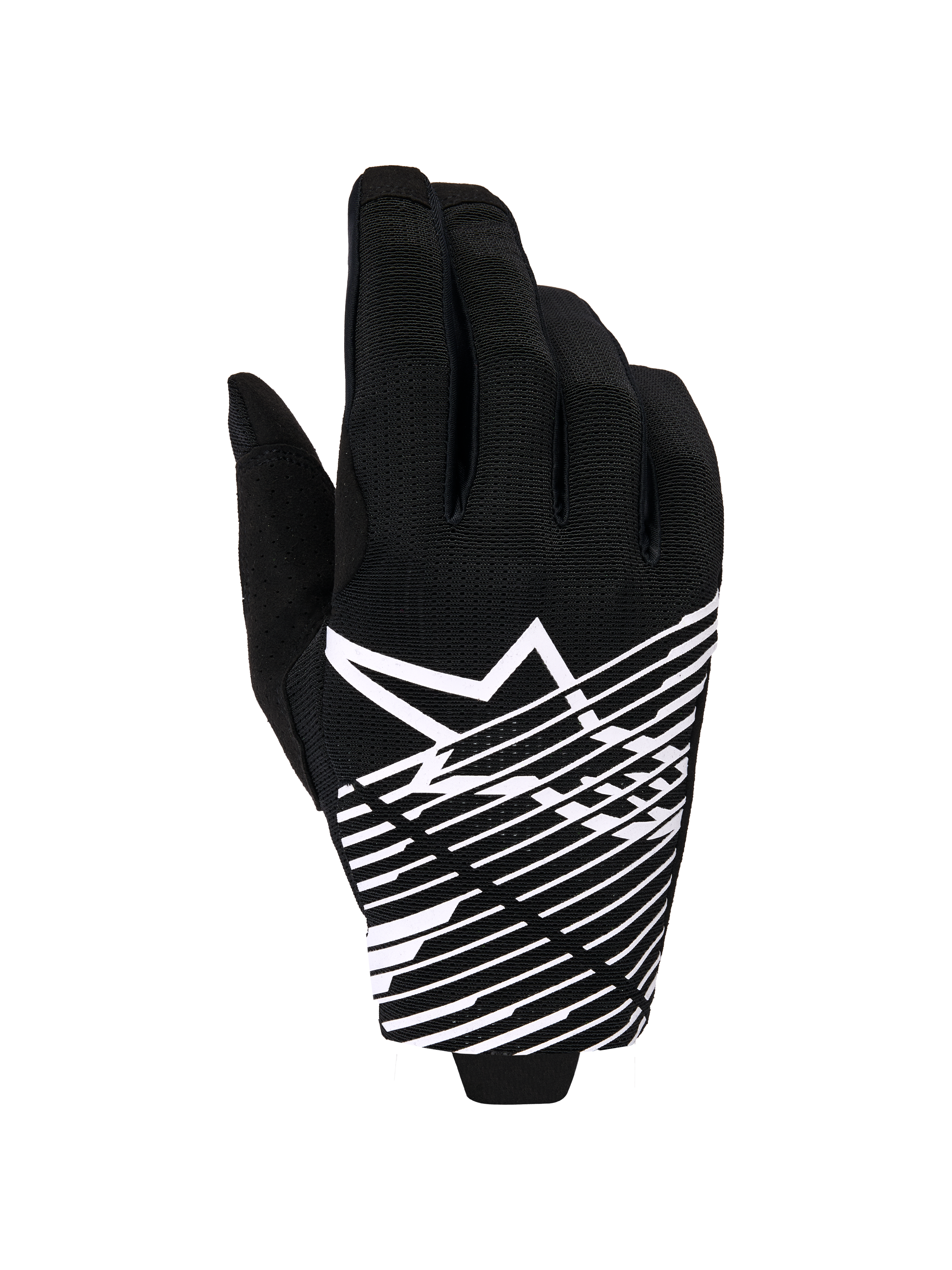 Alpinestars 2026 Radar Pro handsker, motocross-handsker, sort og hvid, med hvidt stjernelogo og diagonal linjegrafik på baghånden, åndbart mesh-materiale med perforerede detaljer, performance off-road-styling