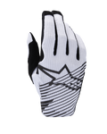 Alpinestars 2025 Radar Pro handsker, motocrosshandsker, hvid og sort, set fra håndryggen med perforeret mesh-konstruktion, sort Alpinestars stjernelogo med vandrette grafiske linjer og sorte fingerdetaljer.