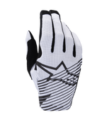 Alpinestars 2025 Radar Pro handsker, motocrosshandsker, hvid og sort, set fra håndryggen med perforeret mesh-konstruktion, sort Alpinestars stjernelogo med vandrette grafiske linjer og sorte fingerdetaljer.