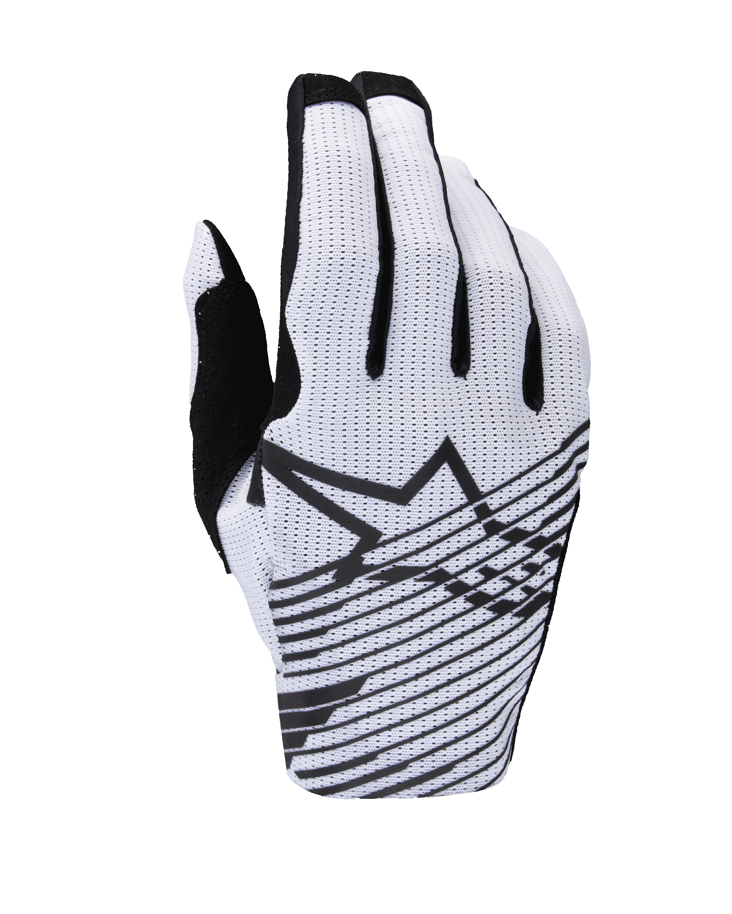 Alpinestars 2025 Radar Pro handsker, motocrosshandsker, hvid og sort, set fra håndryggen med perforeret mesh-konstruktion, sort Alpinestars stjernelogo med vandrette grafiske linjer og sorte fingerdetaljer.