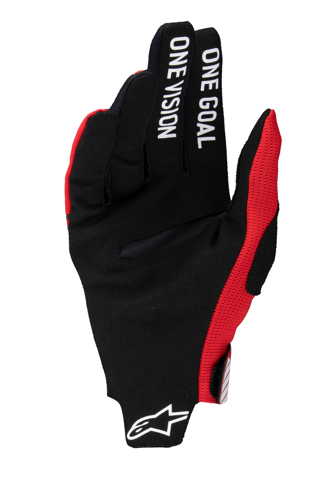 Alpinestars 2025 Radar Pro handsker, motocross-handsker, lys rød, sort syntetisk ruskindshåndflade med "ONE GOAL ONE VISION"-tekst på fingrene, røde mesh-detaljer, hvidt Astars-logo på manchetten, minimalistisk design for maksimal kontrol