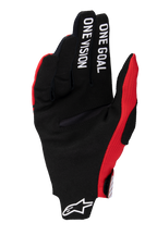 Alpinestars 2025 Radar Pro handsker, motocross-handsker, lys rød, sort syntetisk ruskindshåndflade med "ONE GOAL ONE VISION"-tekst på fingrene, røde mesh-detaljer, hvidt Astars-logo på manchetten, minimalistisk design for maksimal kontrol