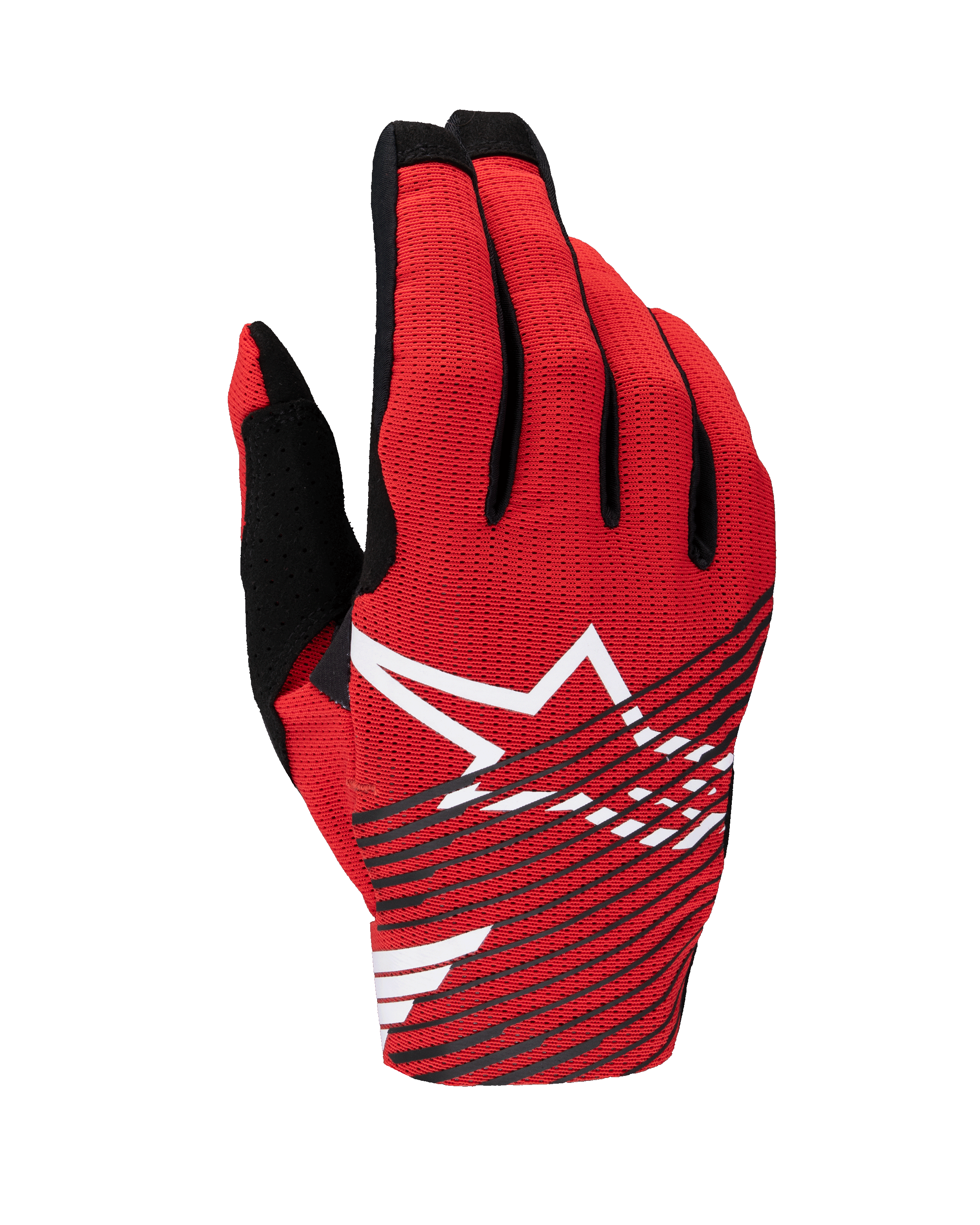 Alpinestars 2025 Radar Pro handsker, motocrosshandsker, rød, sort og hvid, med et stort hvidt stjernelogo og sorte diagonale striber på en åndbar mesh-baghånd, letvægtsudstyr til off-road racing