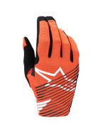 Alpinestars 2025 Radar Pro Gloves, Motocross Gloves, Hot Orange and Black, featuring a large white star logo and black diagonal stripes on a perforated mesh backhand, designed for lightweight performance and airflow