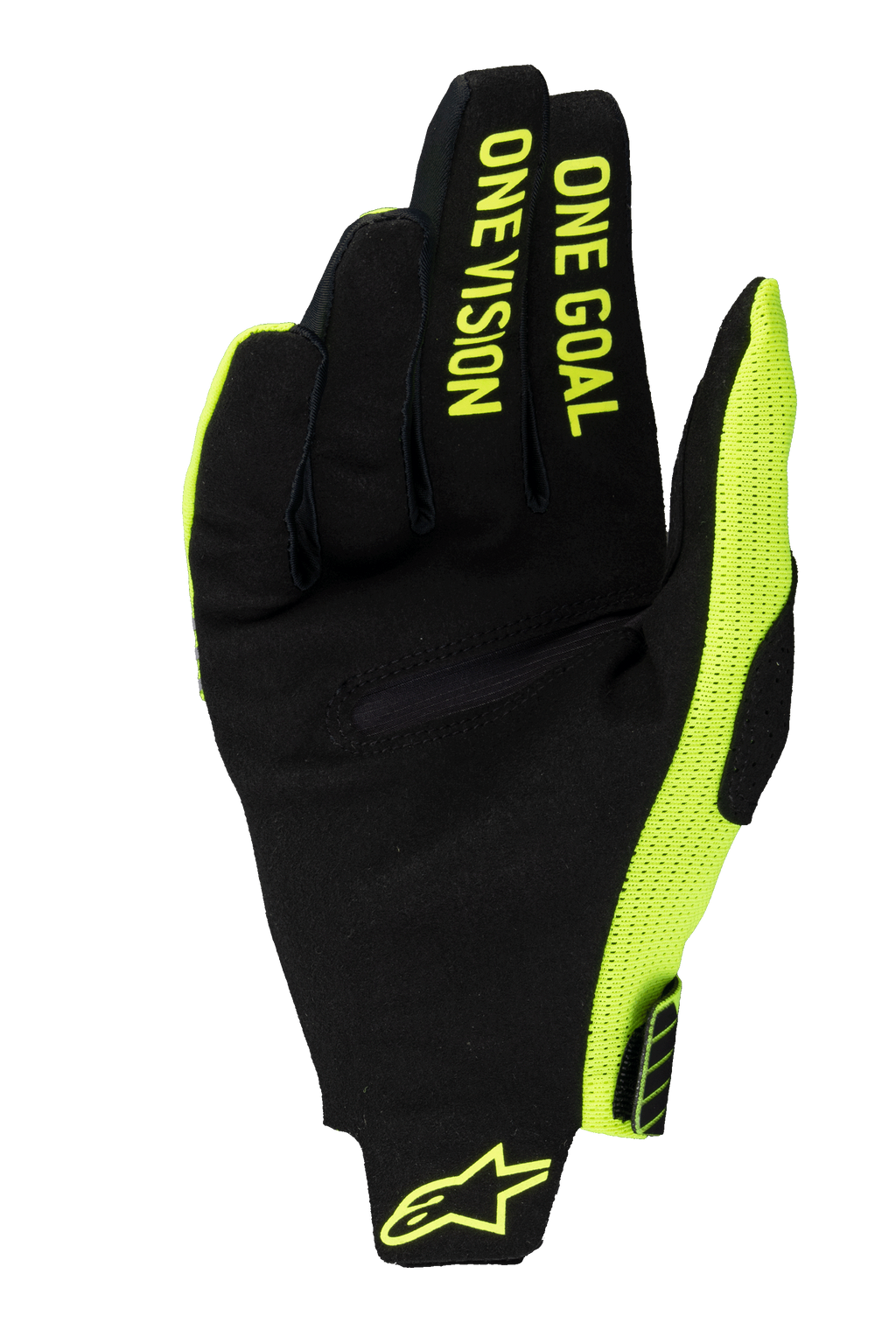 Alpinestars 2025 Radar Pro handsker, motocross-handsker, gul fluo og sort, set fra håndfladen med syntetisk ruskind og 'ONE GOAL ONE VISION'-tekst på fingrene, gult fluo mesh-sidepanel og logo på håndleddet.