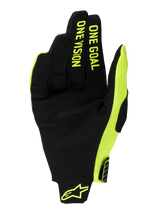 Alpinestars 2025 Radar Pro handsker, motocross-handsker, gul fluo og sort, set fra håndfladen med syntetisk ruskind og 'ONE GOAL ONE VISION'-tekst på fingrene, gult fluo mesh-sidepanel og logo på håndleddet.