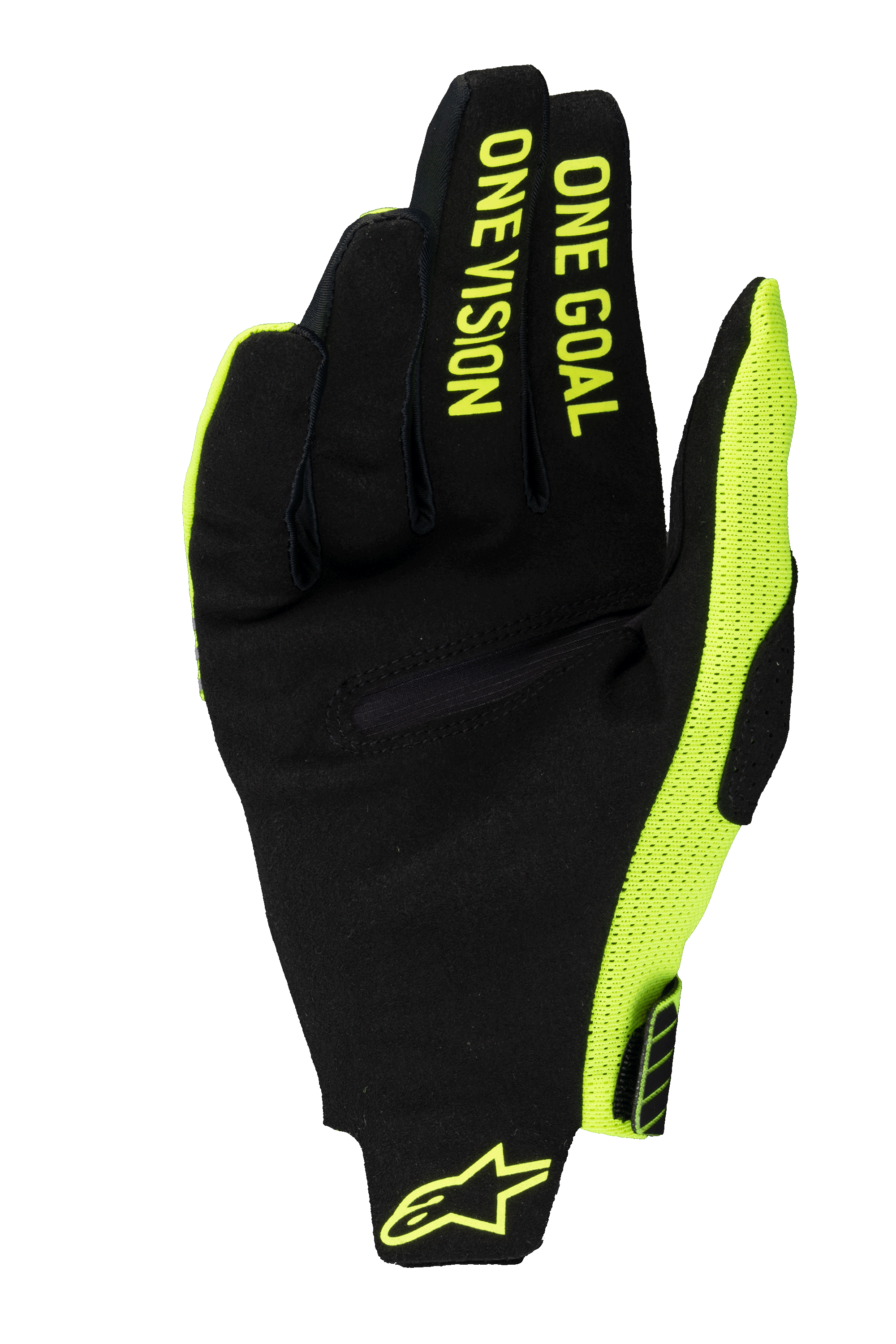 Alpinestars 2025 Radar Pro handsker, motocross-handsker, gul fluo og sort, set fra håndfladen med syntetisk ruskind og 'ONE GOAL ONE VISION'-tekst på fingrene, gult fluo mesh-sidepanel og logo på håndleddet.
