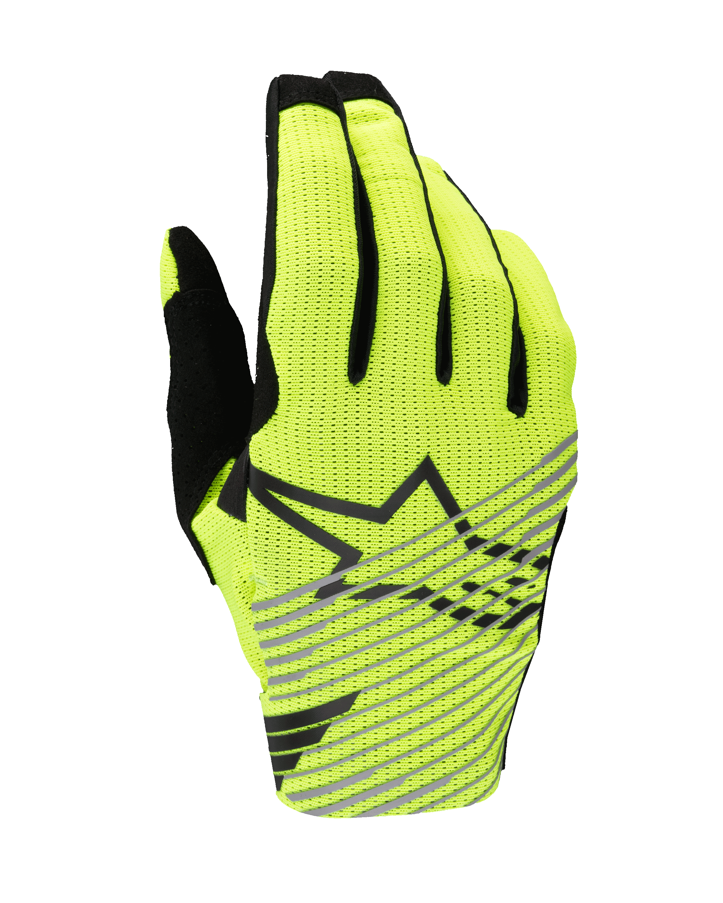 Alpinestars 2025 Radar Pro handsker, motocrosshandsker, gul fluo og sort, enkeltlags åndbar mesh-baghånd, sort stjernelogo med diagonale grå striber, højtydende udstyr til off-road racing