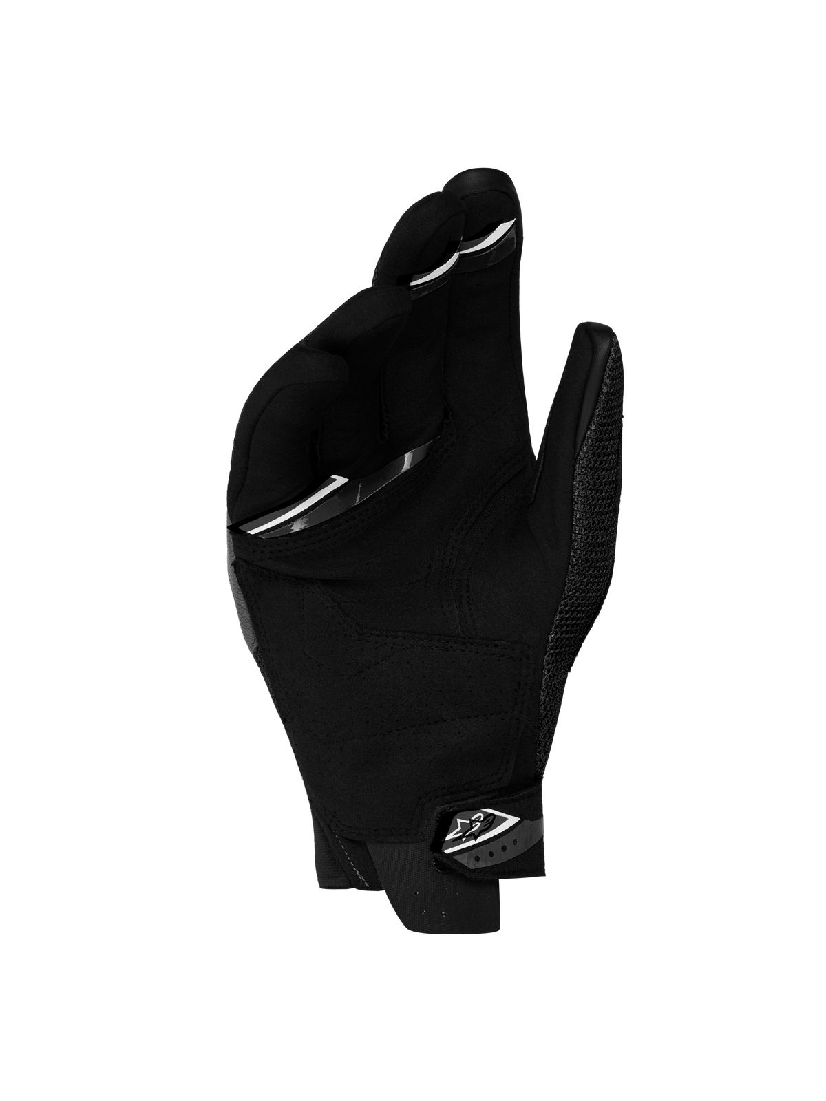 Alpinestars Megawatt V 2 Air handsker, sorte motorcykelhandsker til herrer set bagfra, med syntetisk ruskindsflade, silikoneprint og neoprenmanchet med sikker lukning