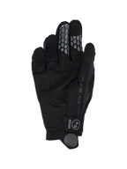 Alpinestars 2026 Radar Pro handsker, motocross-handsker, sort, set fra håndfladen med konstruktion i syntetisk ruskind, gråt bikubemønstret silikonegreb på pege- og langefinger, "One Goal. One Vision."-tekst langs siden og velcrolukning med AS-logo.