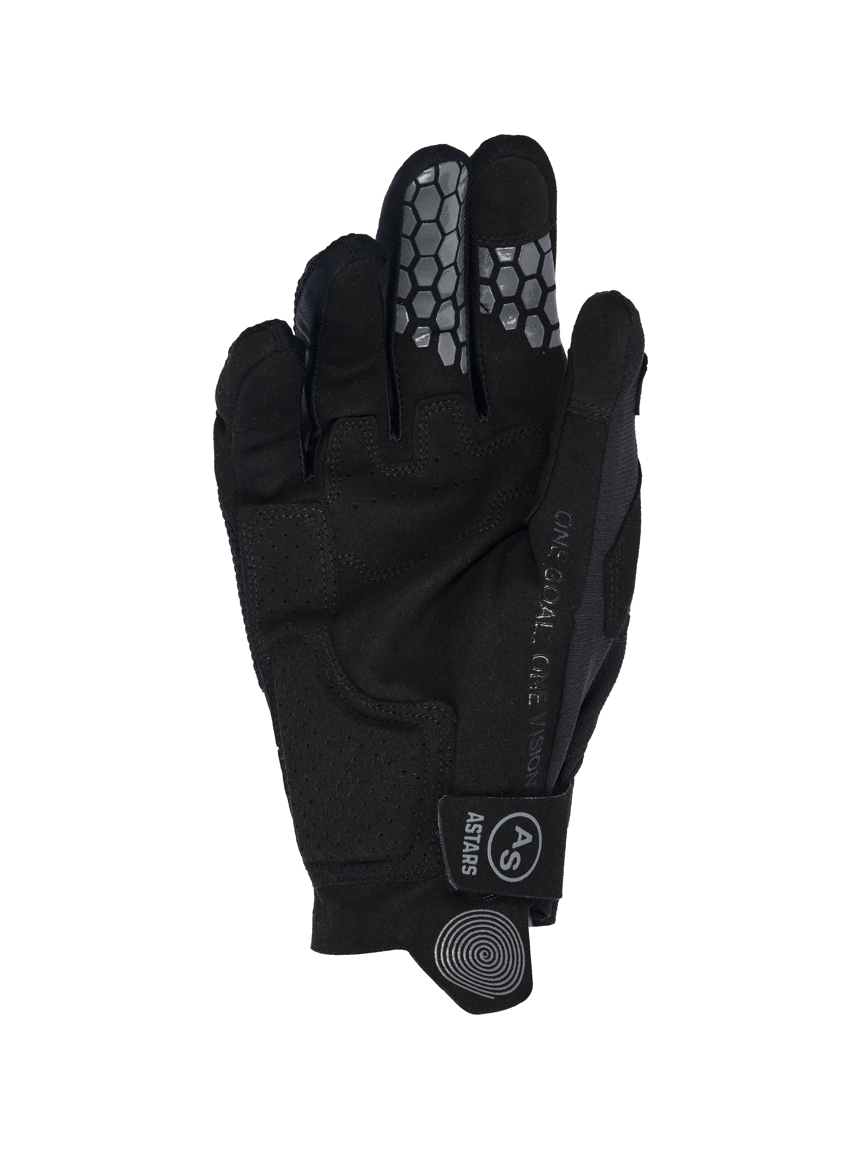 Alpinestars 2026 Radar Pro handsker, motocross-handsker, sort, set fra håndfladen med konstruktion i syntetisk ruskind, gråt bikubemønstret silikonegreb på pege- og langefinger, "One Goal. One Vision."-tekst langs siden og velcrolukning med AS-logo.