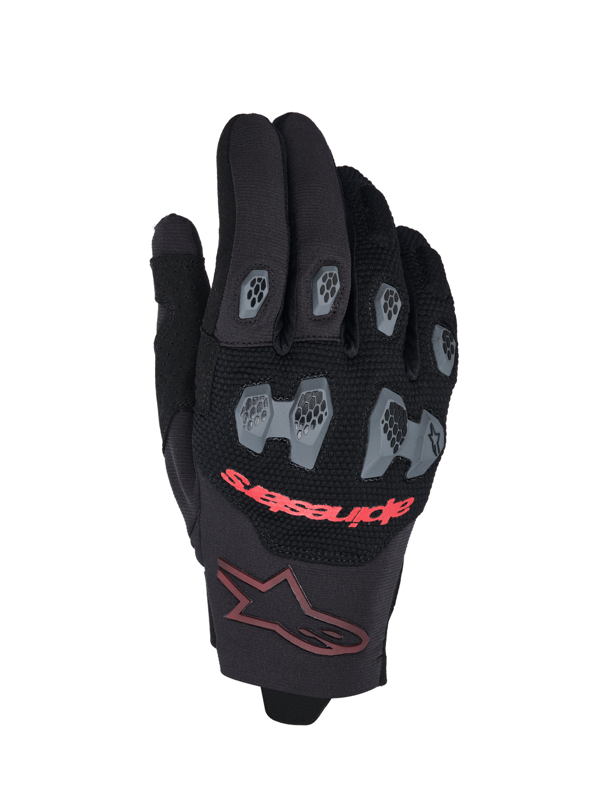Alpinestars 2026 Pro-Dura Gloves, Motocross and Enduro Gloves, Black and Bright Red, featuring gray TPR knuckle and finger guards with a hexagonal pattern, breathable mesh backhand, red Alpinestars text, and a maroon star logo on the cuff