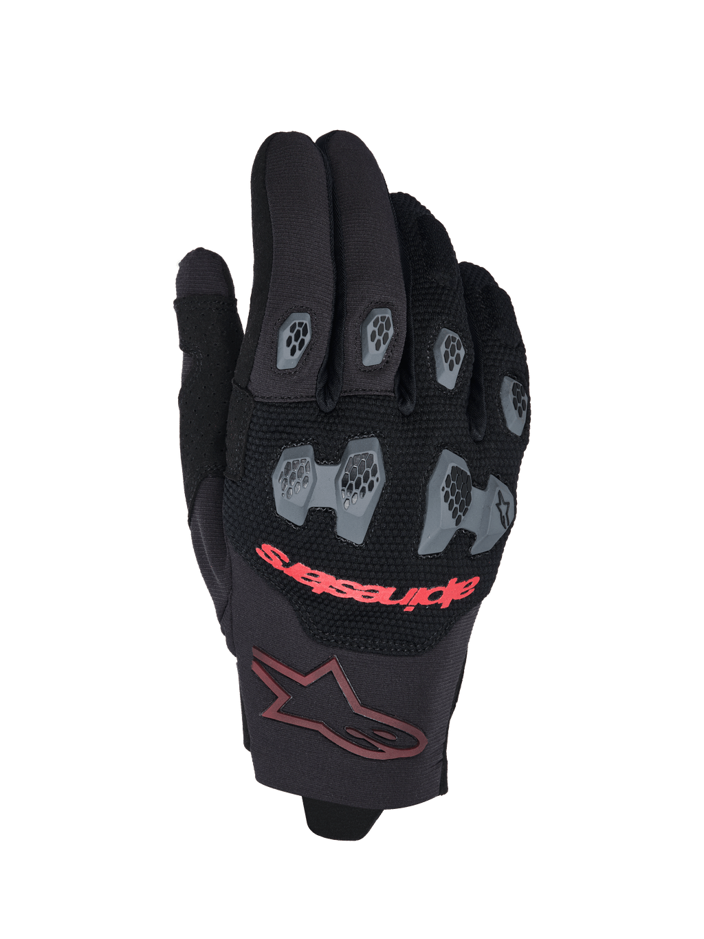 Alpinestars 2026 Pro-Dura handsker, motocross- og endurohandsker, sort og rød, med grå TPR-knogle- og fingerbeskyttere med sekskantet mønster, åndbar mesh-baghånd, rød Alpinestars-tekst og et bordeauxfarvet stjernelogo på manchetten