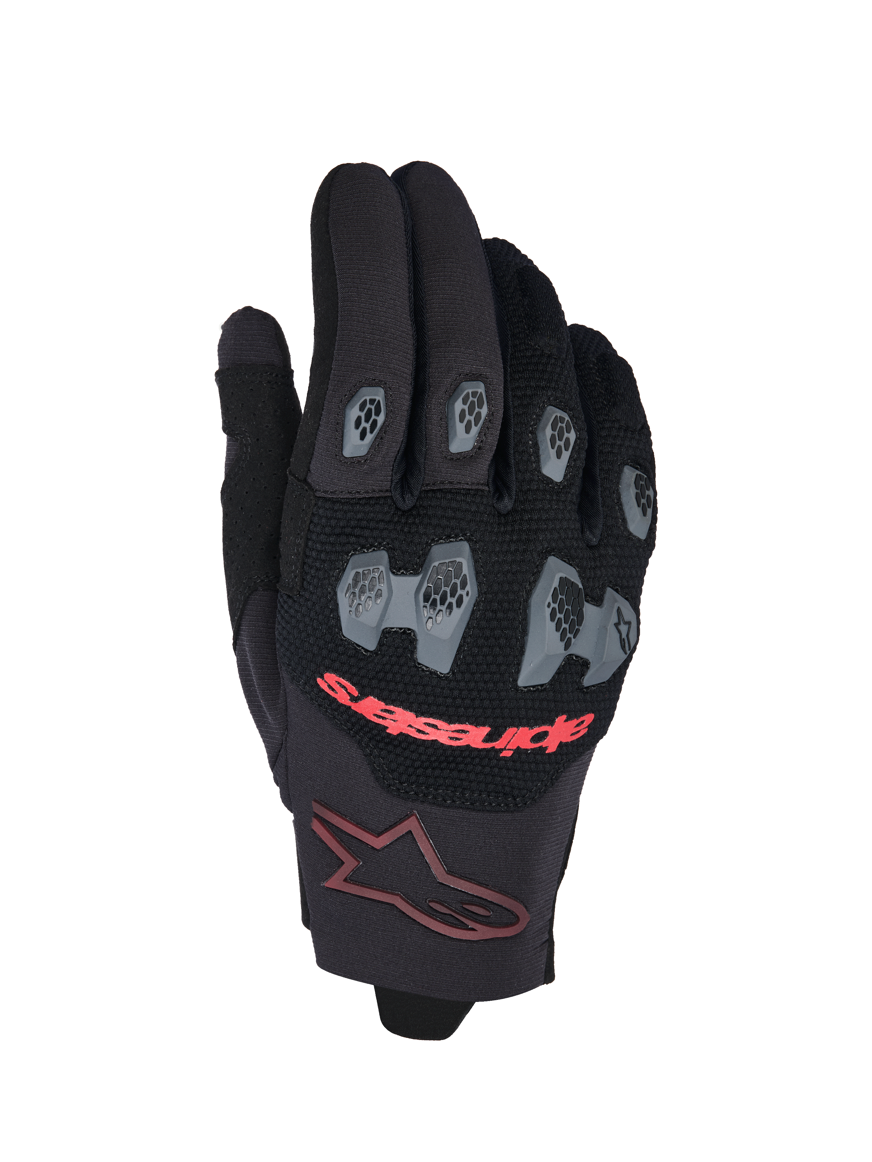 Alpinestars 2026 Pro-Dura handsker, motocross- og endurohandsker, sort og rød, med grå TPR-knogle- og fingerbeskyttere med sekskantet mønster, åndbar mesh-baghånd, rød Alpinestars-tekst og et bordeauxfarvet stjernelogo på manchetten