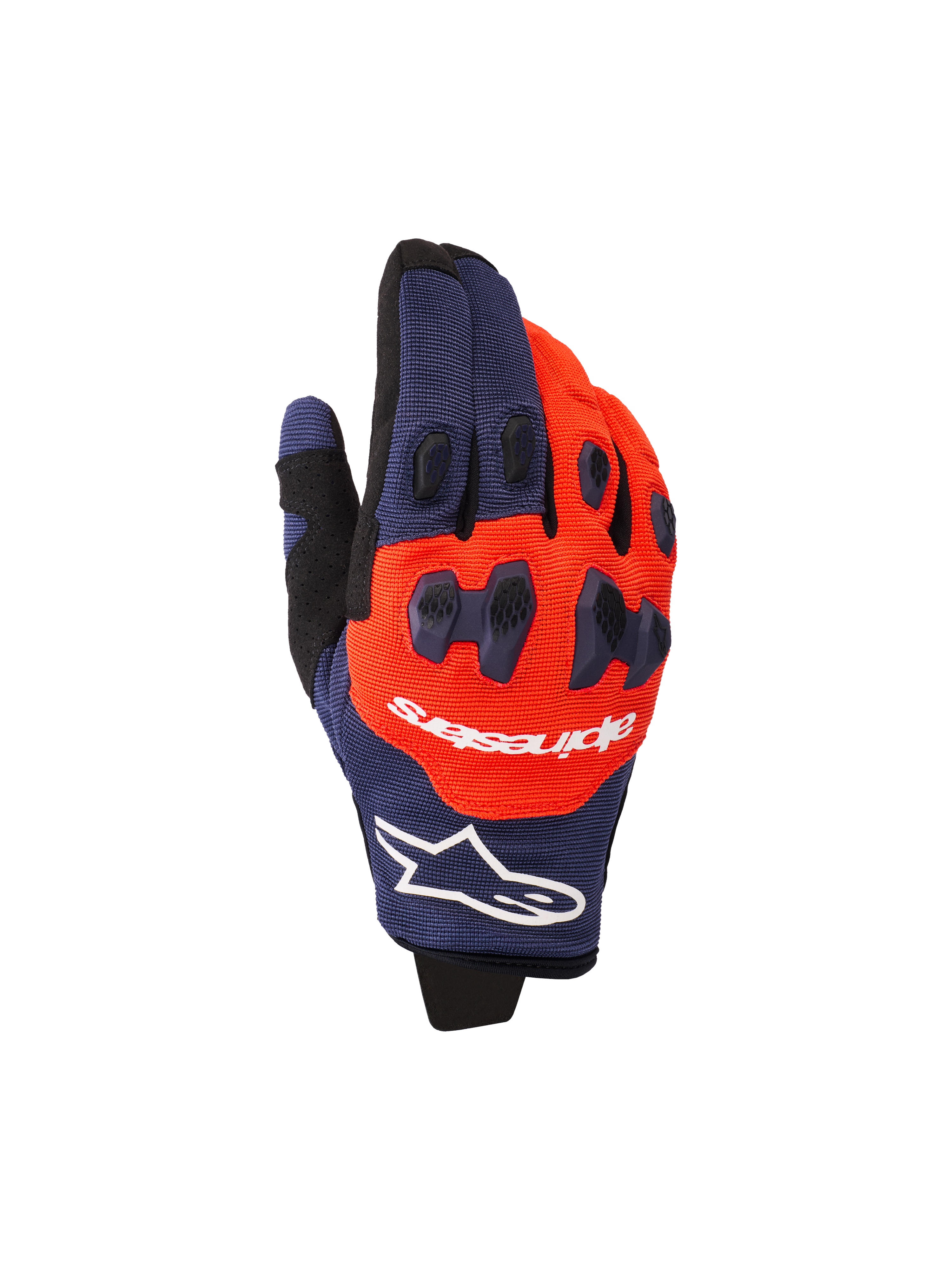 Alpinestars 2026 Pro-Dura handsker, motocross- og endurohandsker, navyblå og stærk orange med hvide detaljer, todelt TPR-knobeskyttelse, Alpinestars-branding på baghånden, fleksibel flerpanel-konstruktion
