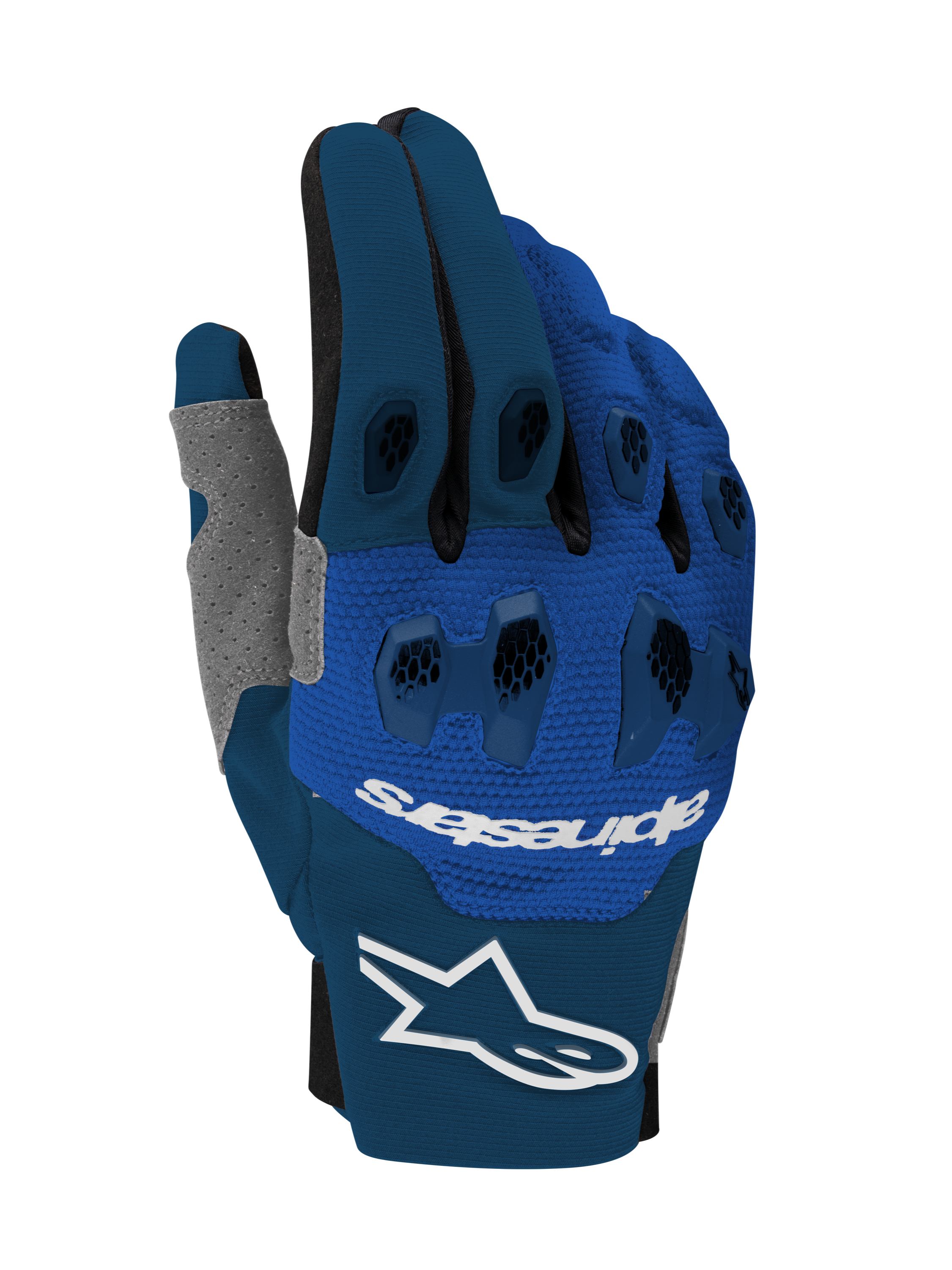 Alpinestars 2026 Pro-Dura handsker, motocross- og endurohandsker, marineblå, klar blå og hvid, med to-delt TPR-knobeskyttelse, flerpanel-strækkonstruktion, hvidt Alpinestars-logo på manchetten og branding på håndryggen, teknisk off-road-design