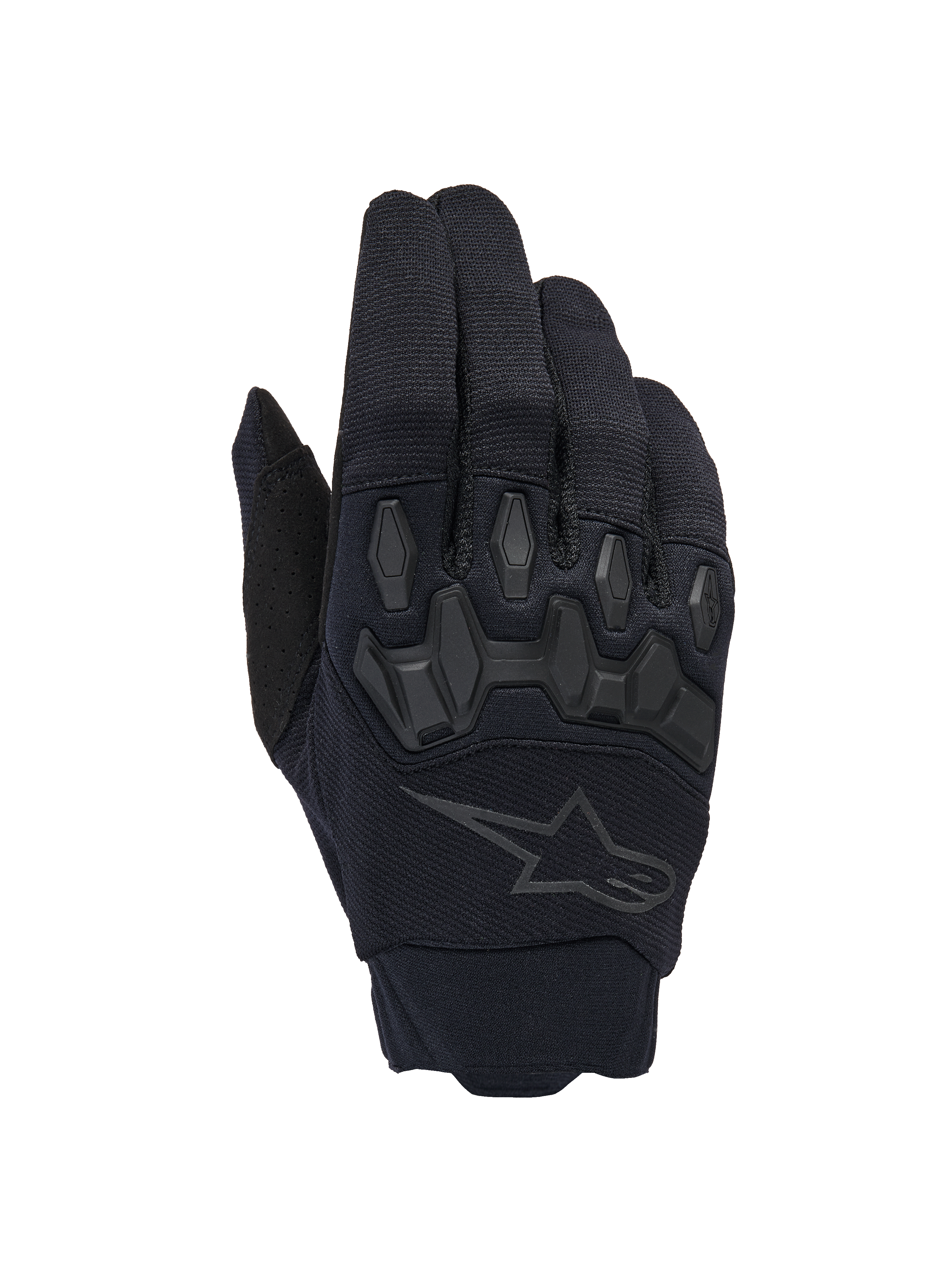 Alpinestars Full Bore V2 handsker, sorte motocross-handsker, med ergonomiske TPR-knobeskyttere og åndbart strækstof, diskret sort stjernelogo på håndryggen, højtydende off-road udstyr
