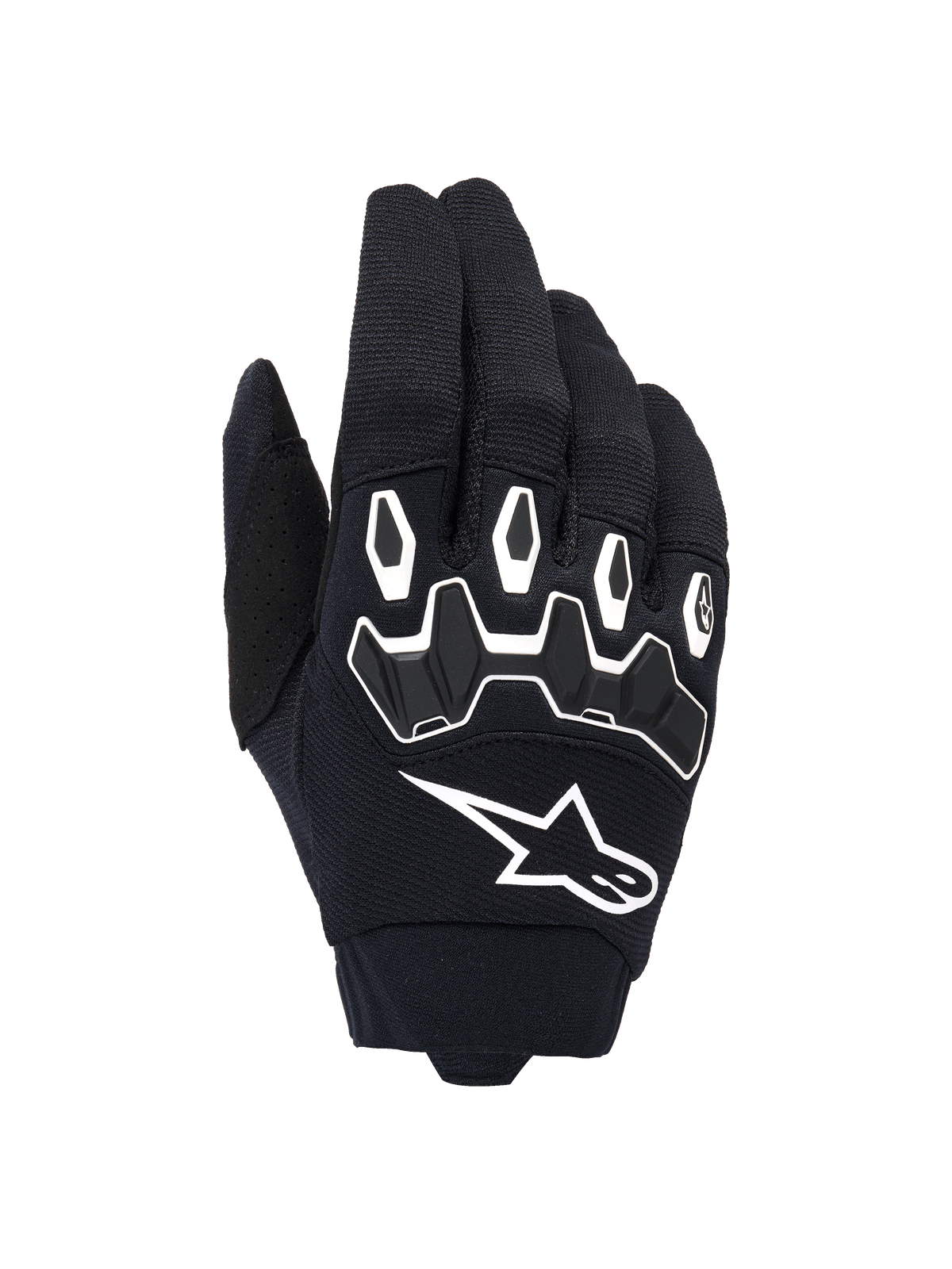 Alpinestars Full Bore V2 handsker, motocrosshandsker, sort og hvid, set fra håndryggen med ergonomisk TPR-knobeskyttelse i sekskantede former, hvidt Alpinestars-logo, åndbar konstruktion i stræktekstil, holdbart udstyr til off-road racing