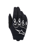 Alpinestars Full Bore V2 handsker, motocrosshandsker, sort og hvid, set fra håndryggen med ergonomisk TPR-knobeskyttelse i sekskantede former, hvidt Alpinestars-logo, åndbar konstruktion i stræktekstil, holdbart udstyr til off-road racing