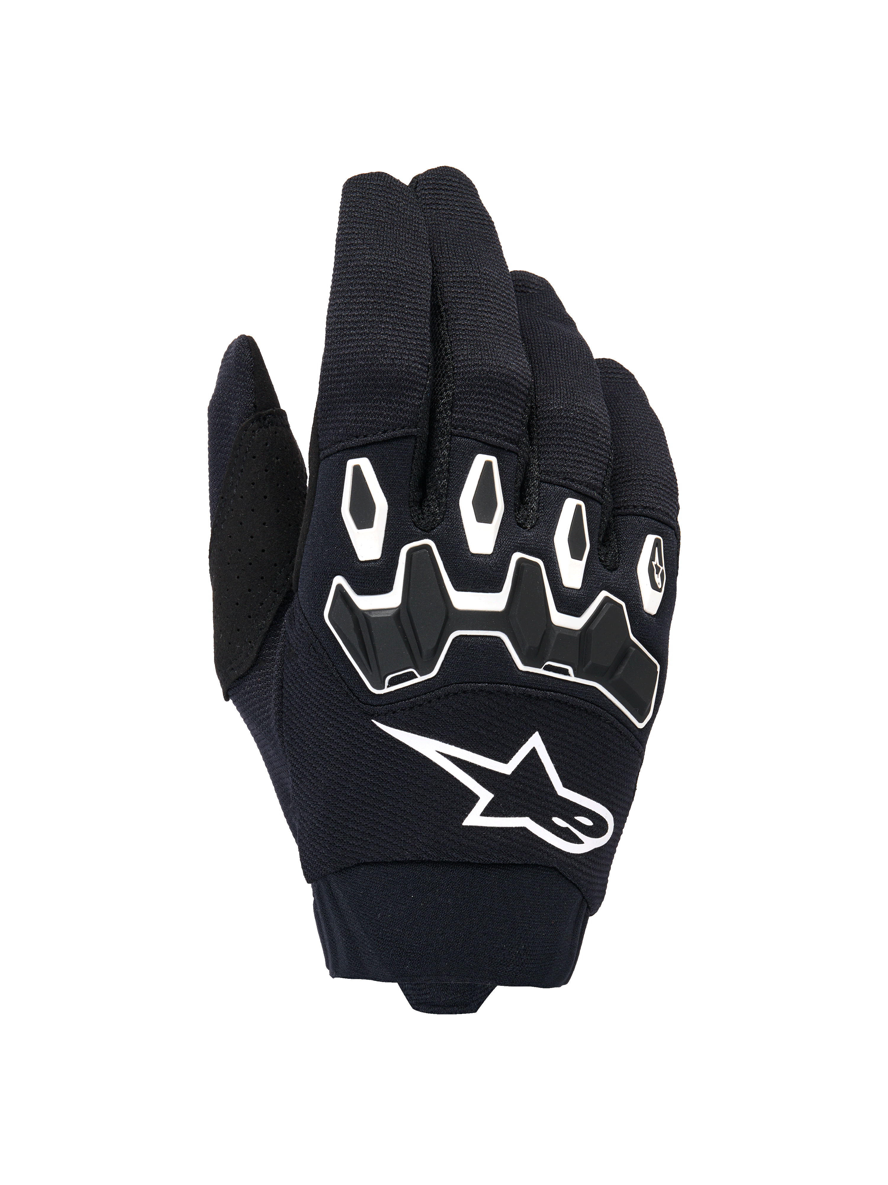 Alpinestars Full Bore V2 handsker, motocrosshandsker, sort og hvid, set fra håndryggen med ergonomisk TPR-knobeskyttelse i sekskantede former, hvidt Alpinestars-logo, åndbar konstruktion i stræktekstil, holdbart udstyr til off-road racing