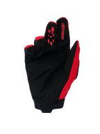 Alpinestars Full Bore V2 handsker, motocross-handsker, klar rød og sort, håndfladevisning med forstærket sort syntetisk ruskind, rødt silikonegreb på pegefingeren, Alpinestars-branding og neoprenmanchet