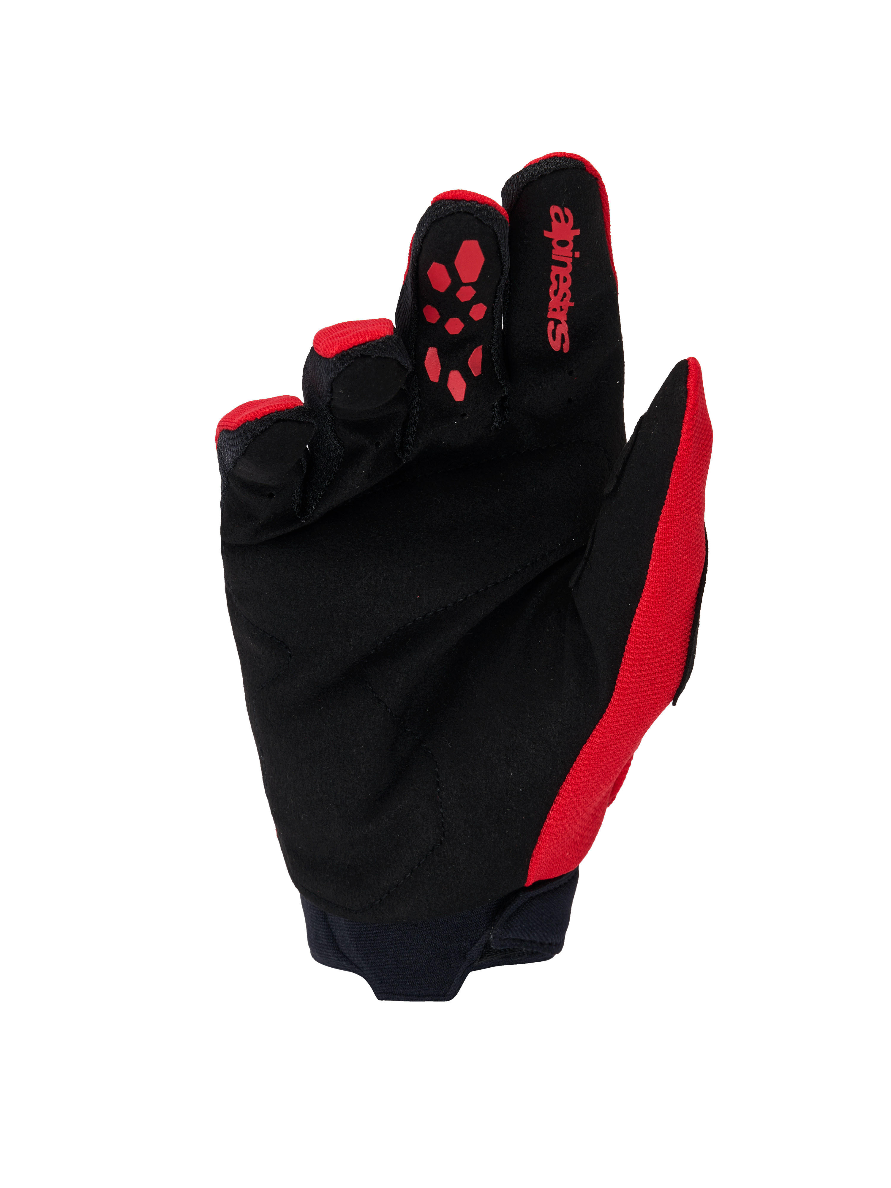 Alpinestars Full Bore V2 handsker, motocross-handsker, klar rød og sort, håndfladevisning med forstærket sort syntetisk ruskind, rødt silikonegreb på pegefingeren, Alpinestars-branding og neoprenmanchet