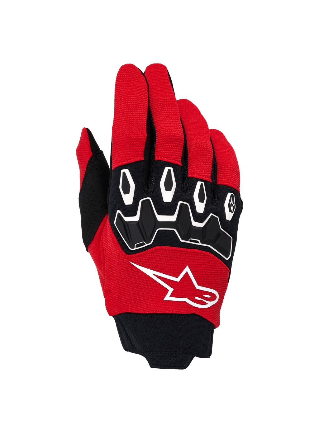 Alpinestars Full Bore V2 handsker, motocross-handsker, stærk rød og sort, hvidt stjernelogo på håndryggen, ergonomiske TPR-knobeskyttere med hvide detaljer, åndbart strækstof til off-road-ydeevne