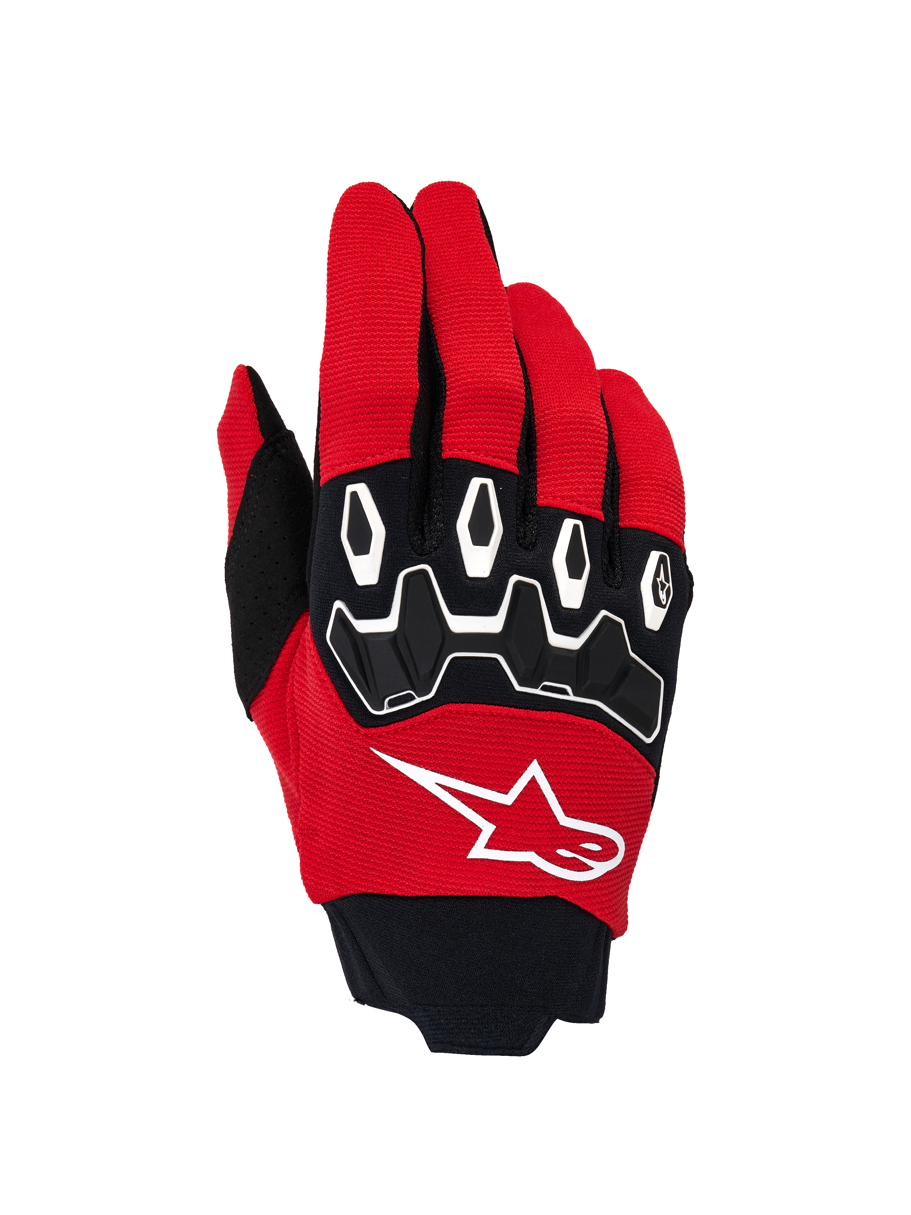 Alpinestars Full Bore V2 handsker, motocross-handsker, stærk rød og sort, hvidt stjernelogo på håndryggen, ergonomiske TPR-knobeskyttere med hvide detaljer, åndbart strækstof til off-road-ydeevne