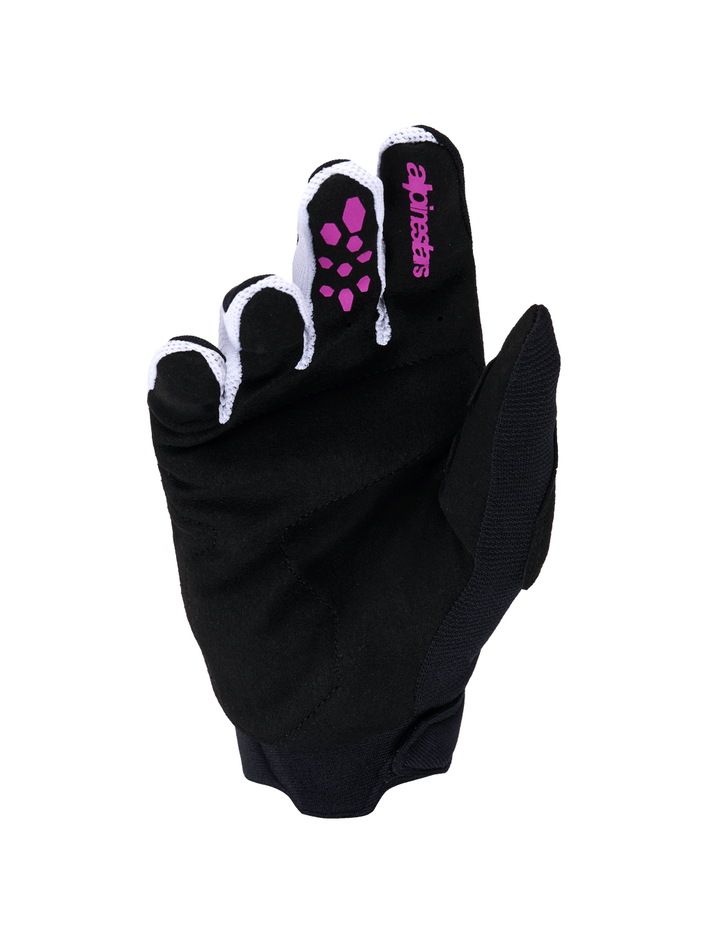 Alpinestars Full Bore V2-handsker, motocross-handsker, lilla og sort, håndflade i sort syntetisk ruskind, lilla silikonegreb på fingrene, Alpinestars-logo på pegefingeren, hvidt ventileret mesh mellem fingrene og sort neoprenmanchet