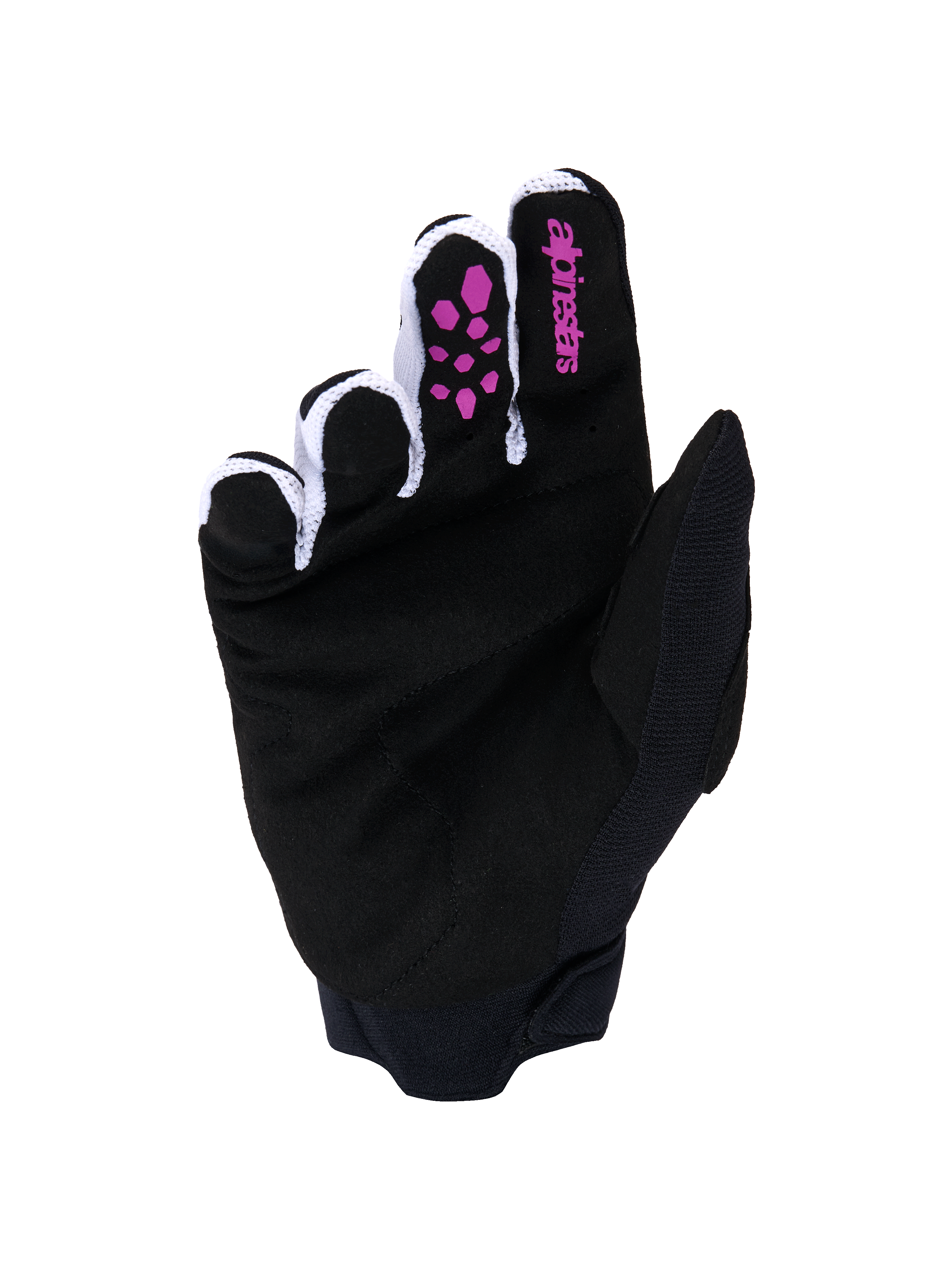 Alpinestars Full Bore V2-handsker, motocross-handsker, lilla og sort, håndflade i sort syntetisk ruskind, lilla silikonegreb på fingrene, Alpinestars-logo på pegefingeren, hvidt ventileret mesh mellem fingrene og sort neoprenmanchet