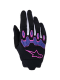 Alpinestars Full Bore V2 handsker, motocrosshandsker, sort og lilla med pink detaljer, stort pink stjernelogo og leddelte lilla knobeskyttere, hvide mesh-fingerpaneler, off-road performance-udstyr