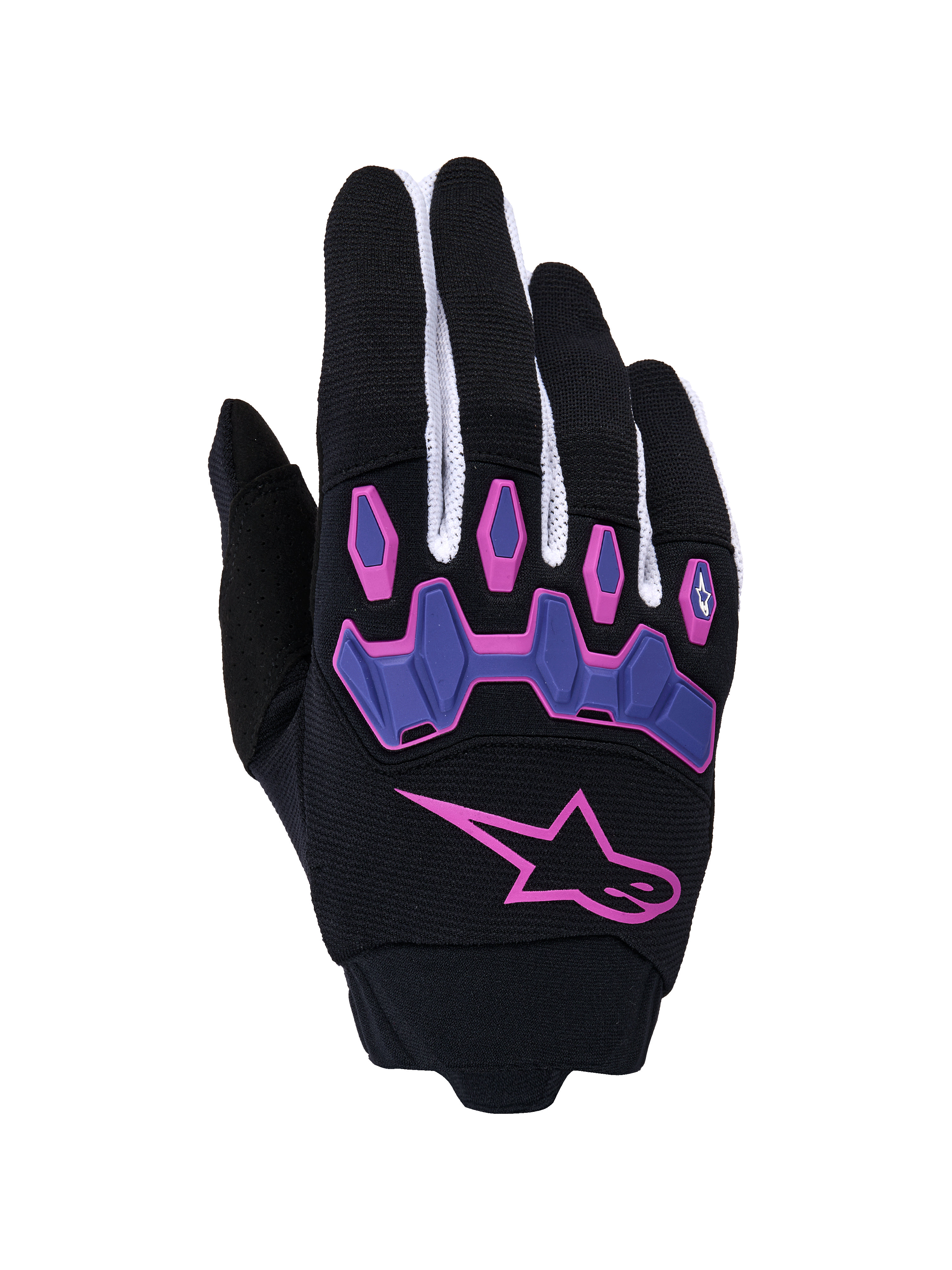 Alpinestars Full Bore V2 handsker, motocrosshandsker, sort og lilla med pink detaljer, stort pink stjernelogo og leddelte lilla knobeskyttere, hvide mesh-fingerpaneler, off-road performance-udstyr