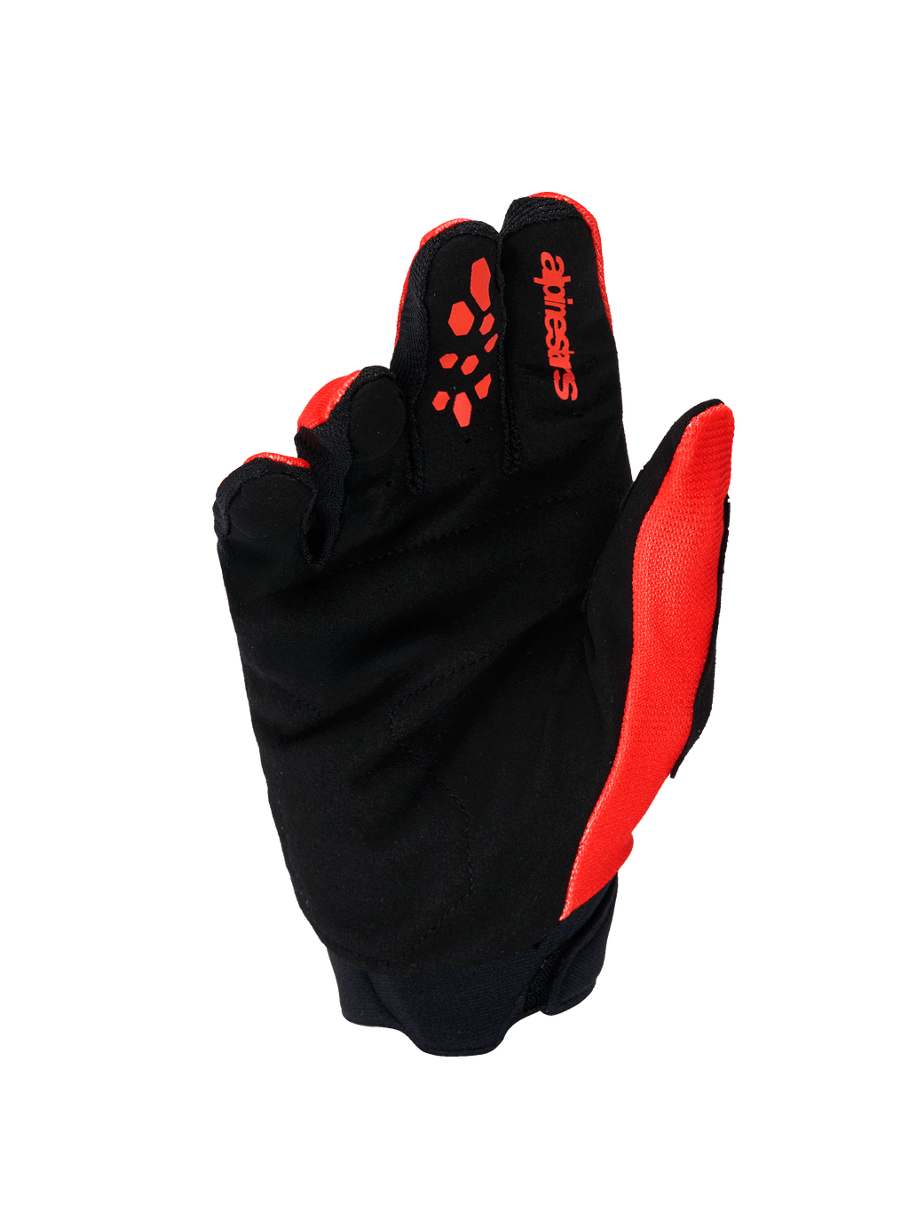 Alpinestars Full Bore V2 handsker, motocross-handsker, orange og sort, set fra håndfladen med forstærket håndflade i syntetisk ruskind, orange silikone-fingergreb, rødt Alpinestars-logo på pegefingeren og neoprenmanchet.