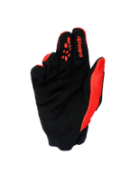Alpinestars Full Bore V2 handsker, motocross-handsker, orange og sort, set fra håndfladen med forstærket håndflade i syntetisk ruskind, orange silikone-fingergreb, rødt Alpinestars-logo på pegefingeren og neoprenmanchet.