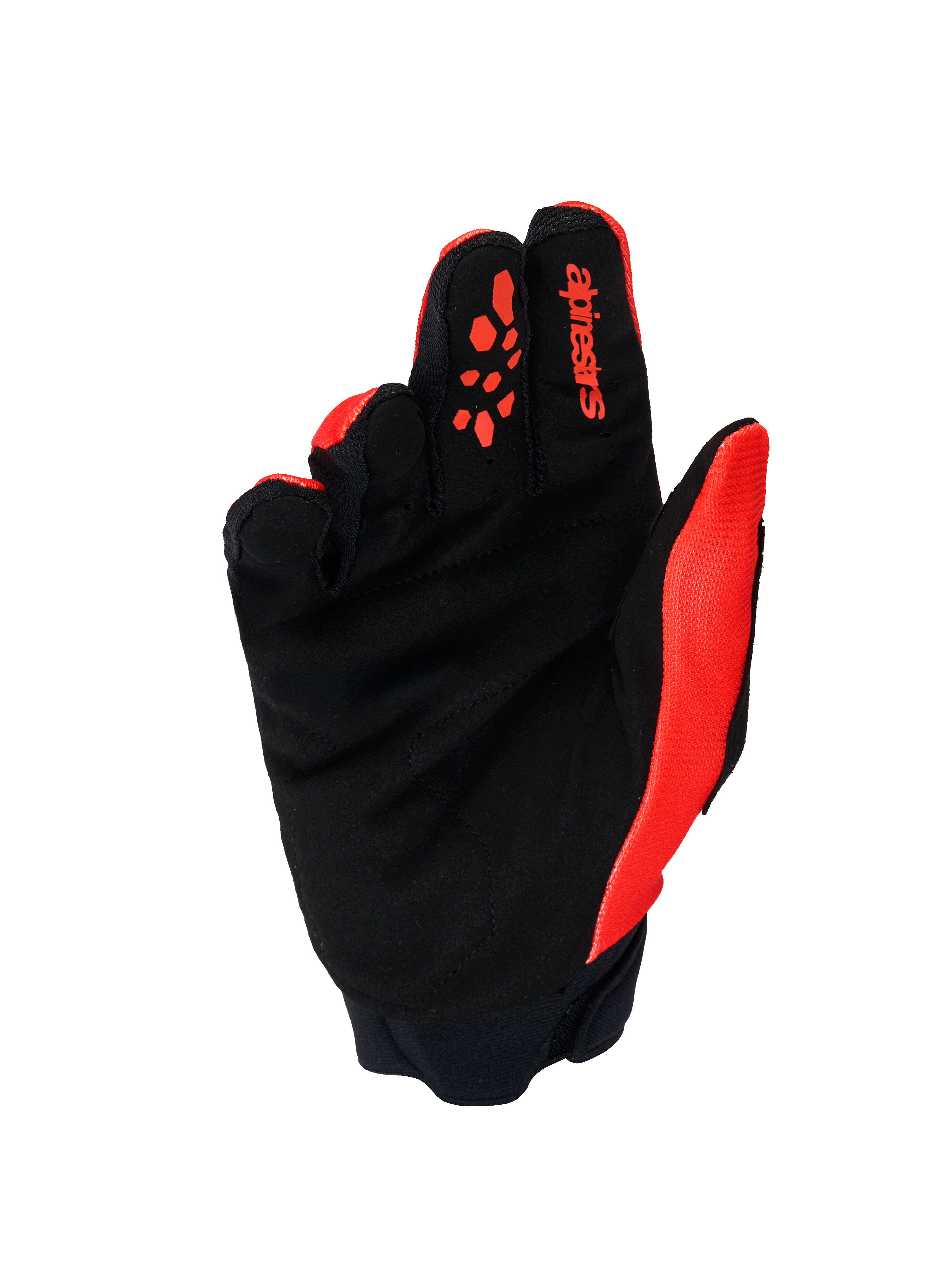 Alpinestars Full Bore V2 handsker, motocross-handsker, orange og sort, set fra håndfladen med forstærket håndflade i syntetisk ruskind, orange silikone-fingergreb, rødt Alpinestars-logo på pegefingeren og neoprenmanchet.