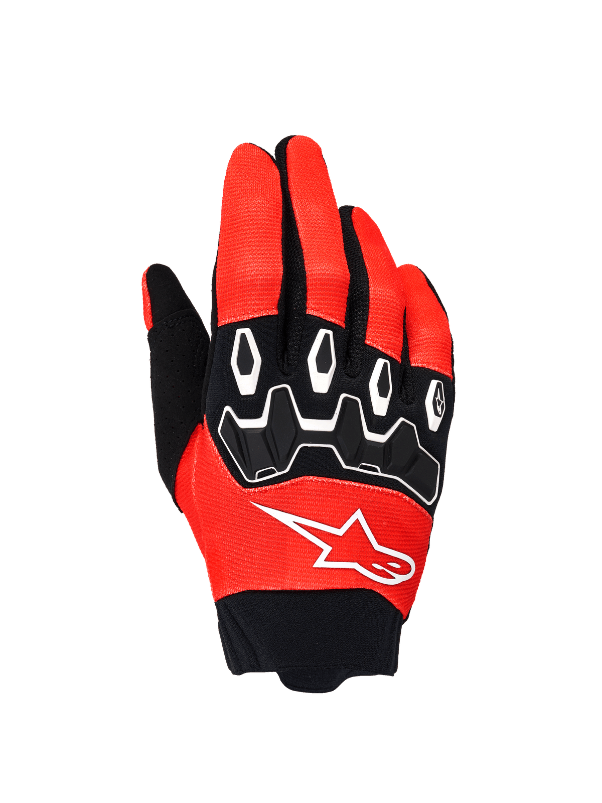 Alpinestars Full Bore V2 handsker, motocrosshandsker, orange og sort, set fra oversiden med sort TPR-knobeskyttelse med hvide konturer, hvidt Alpinestars-logo på åndbart strækstof, designet til off-road-kørsel