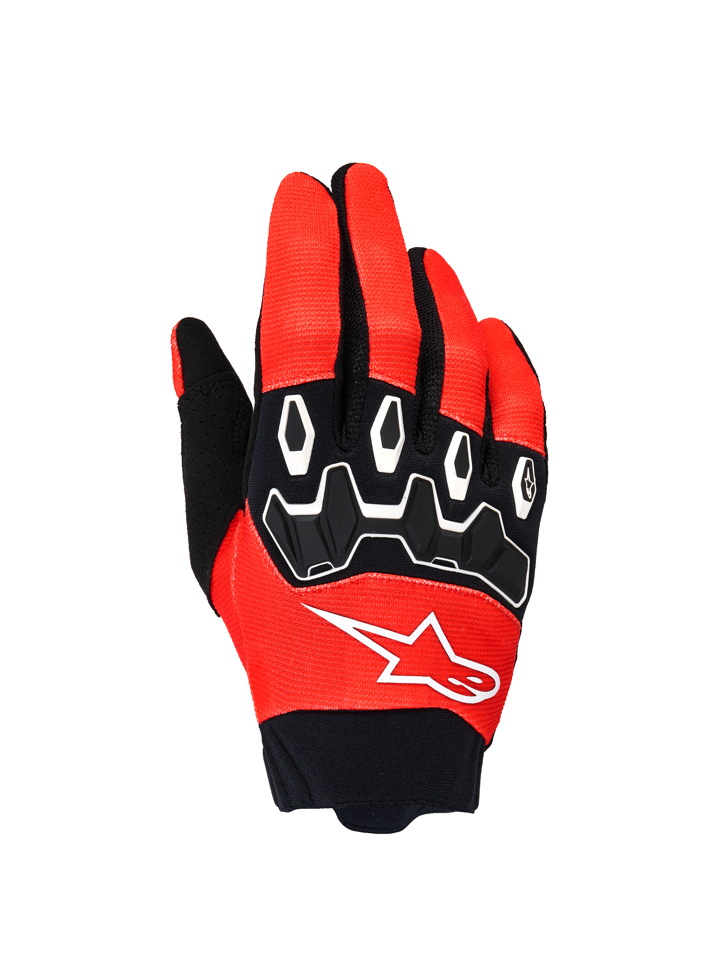 Alpinestars Full Bore V2 handsker, motocrosshandsker, orange og sort, set fra oversiden med sort TPR-knobeskyttelse med hvide konturer, hvidt Alpinestars-logo på åndbart strækstof, designet til off-road-kørsel