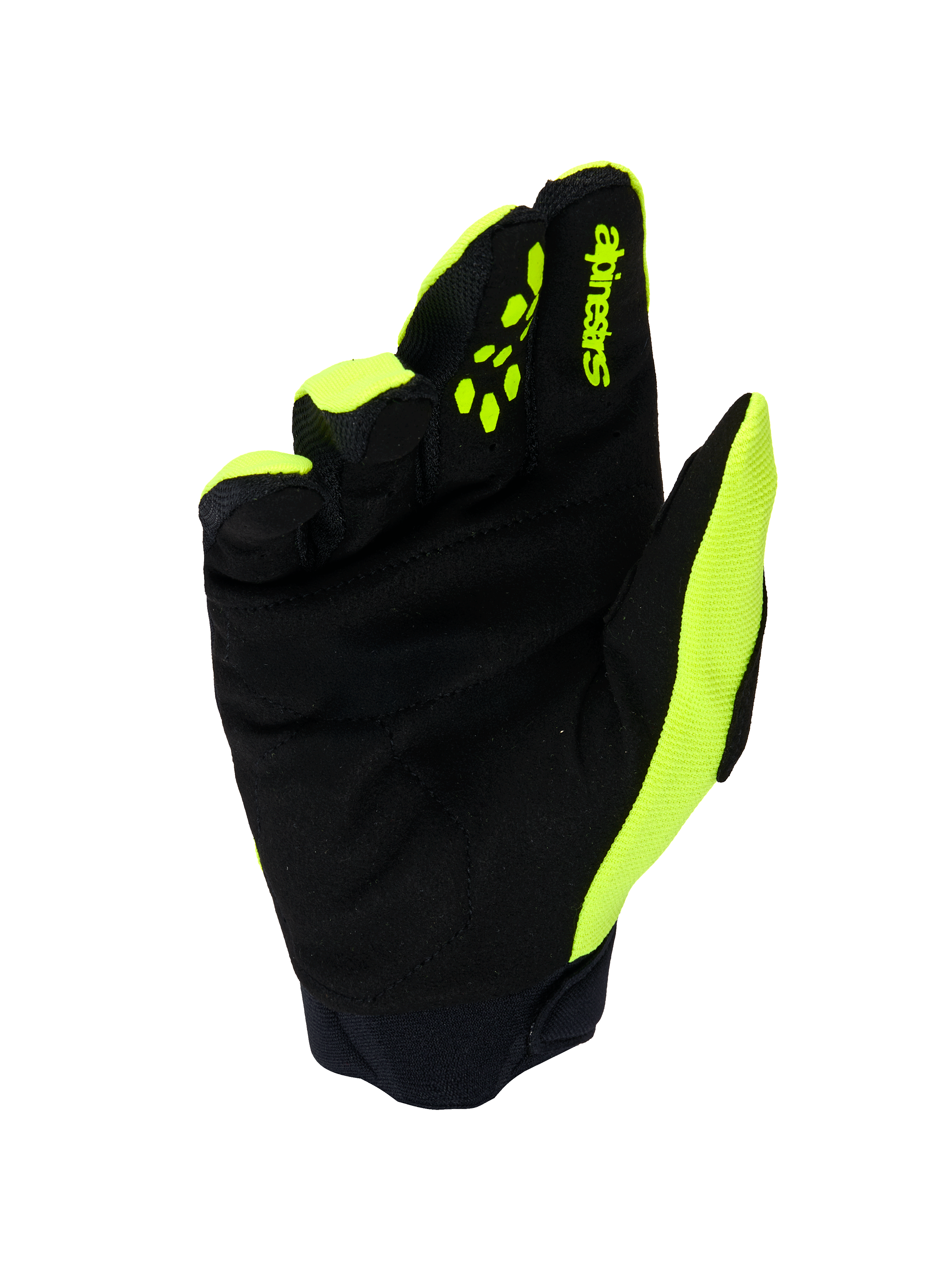 Alpinestars Full Bore V2 handsker, motocrosshandsker, neon-gul og sort, set fra håndfladen med forstærket syntetisk ruskind, neoprenmanchet og klare gule detaljer på siderne og fingrene